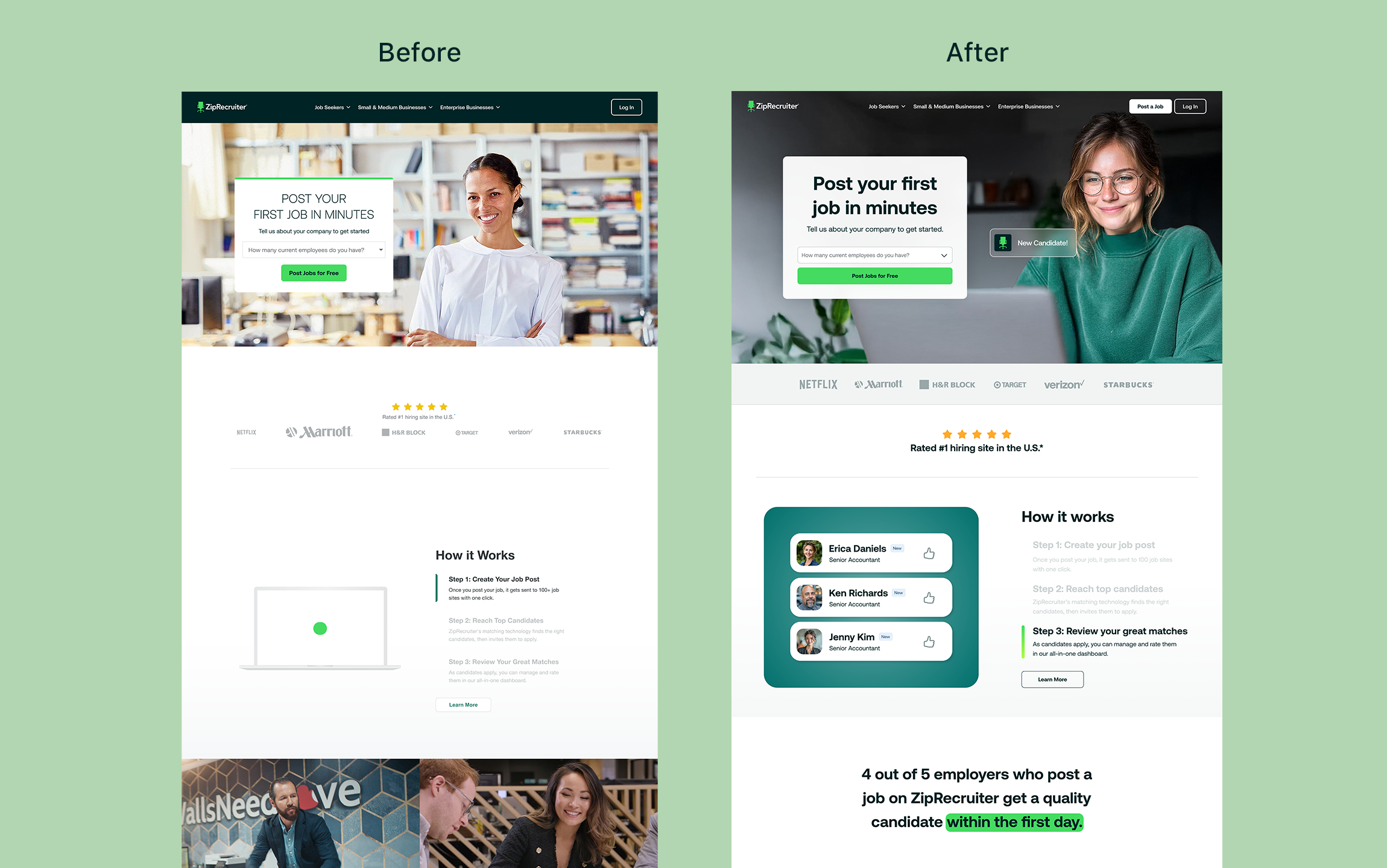 Employer homepage, before and after