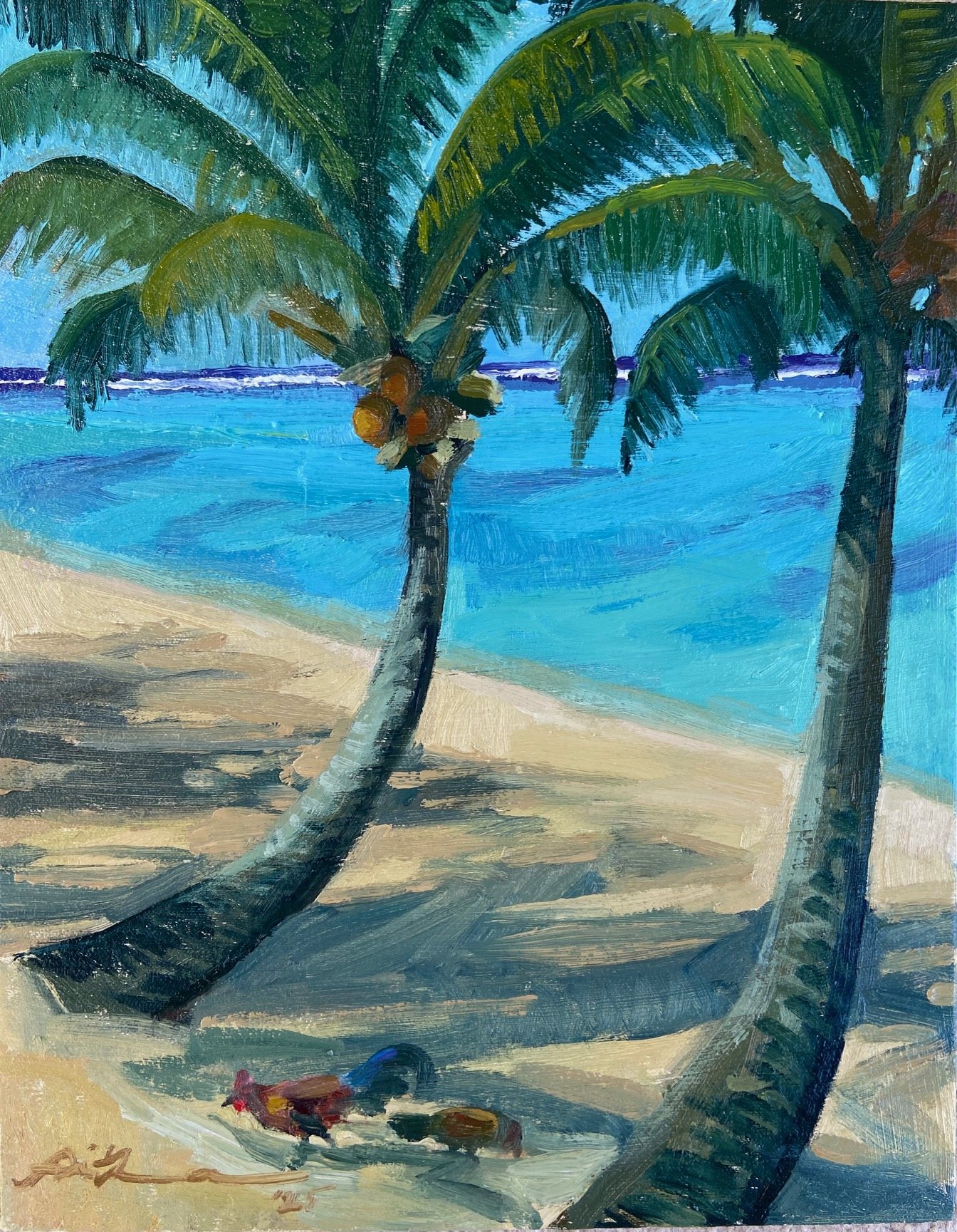 Rarotonga with chickens 28x30cm oil on canvas board