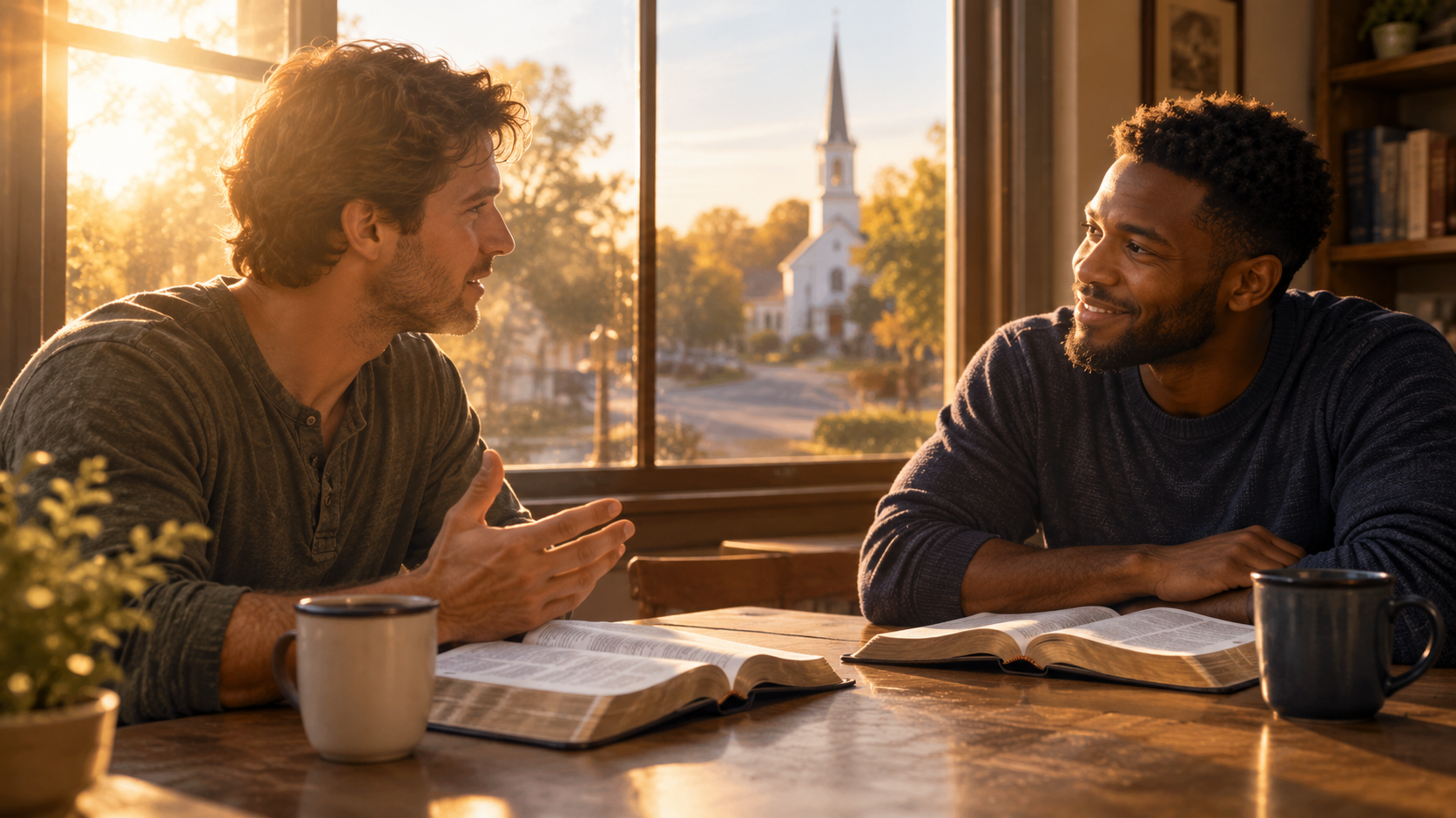 Friends talking together over coffee in warm golden-hour light.
