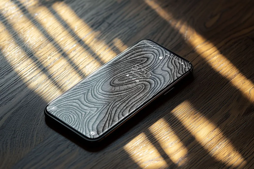 Android-with-black-and-white-line-art-wallpaper-and-lockscreen-laying-on-wooden-desk-background-with-sun-and-shadow