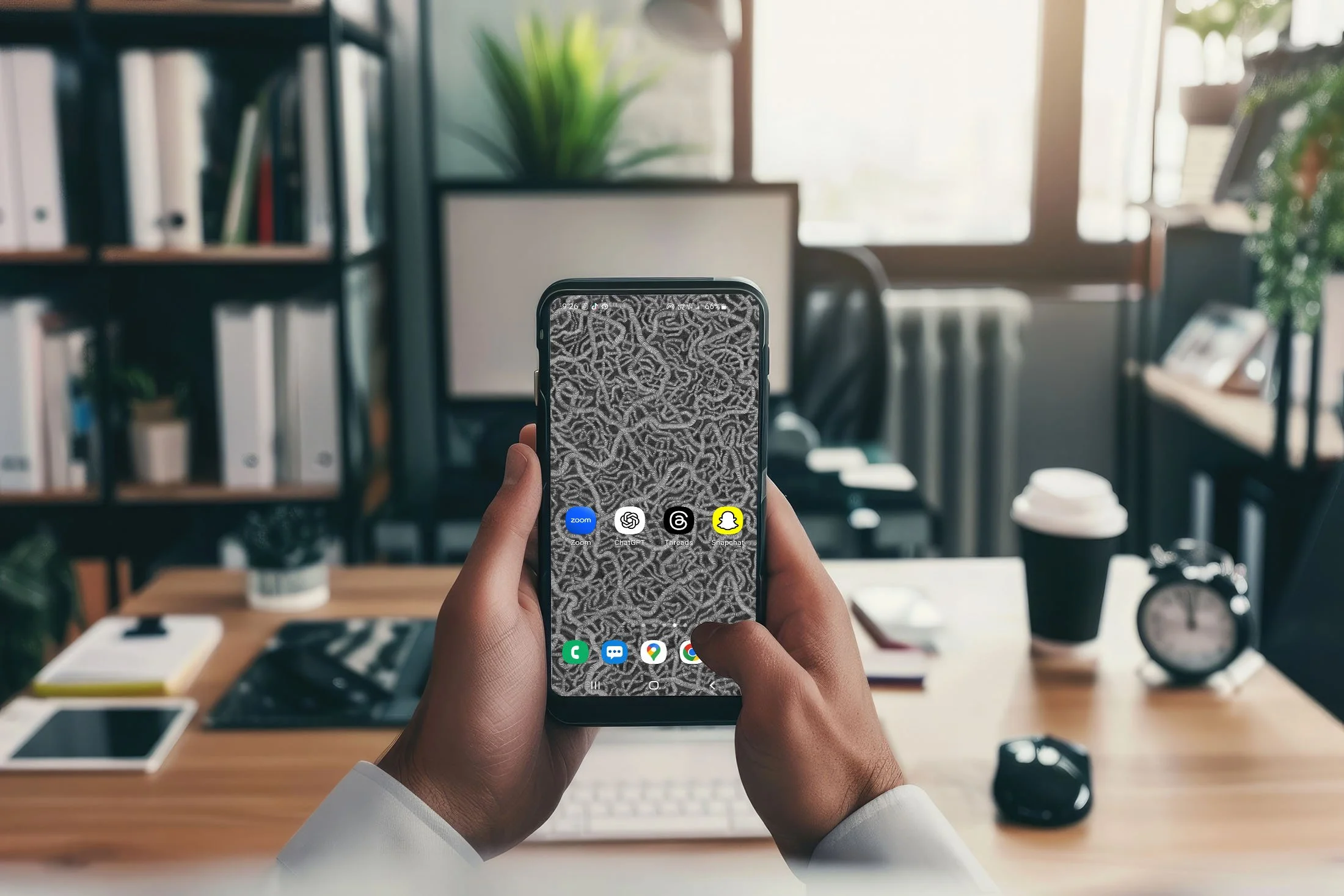 Man-in home-office-holding-samsung-phone-with-black-and-white-line-art-wallpaper-with-app-icons.jpg