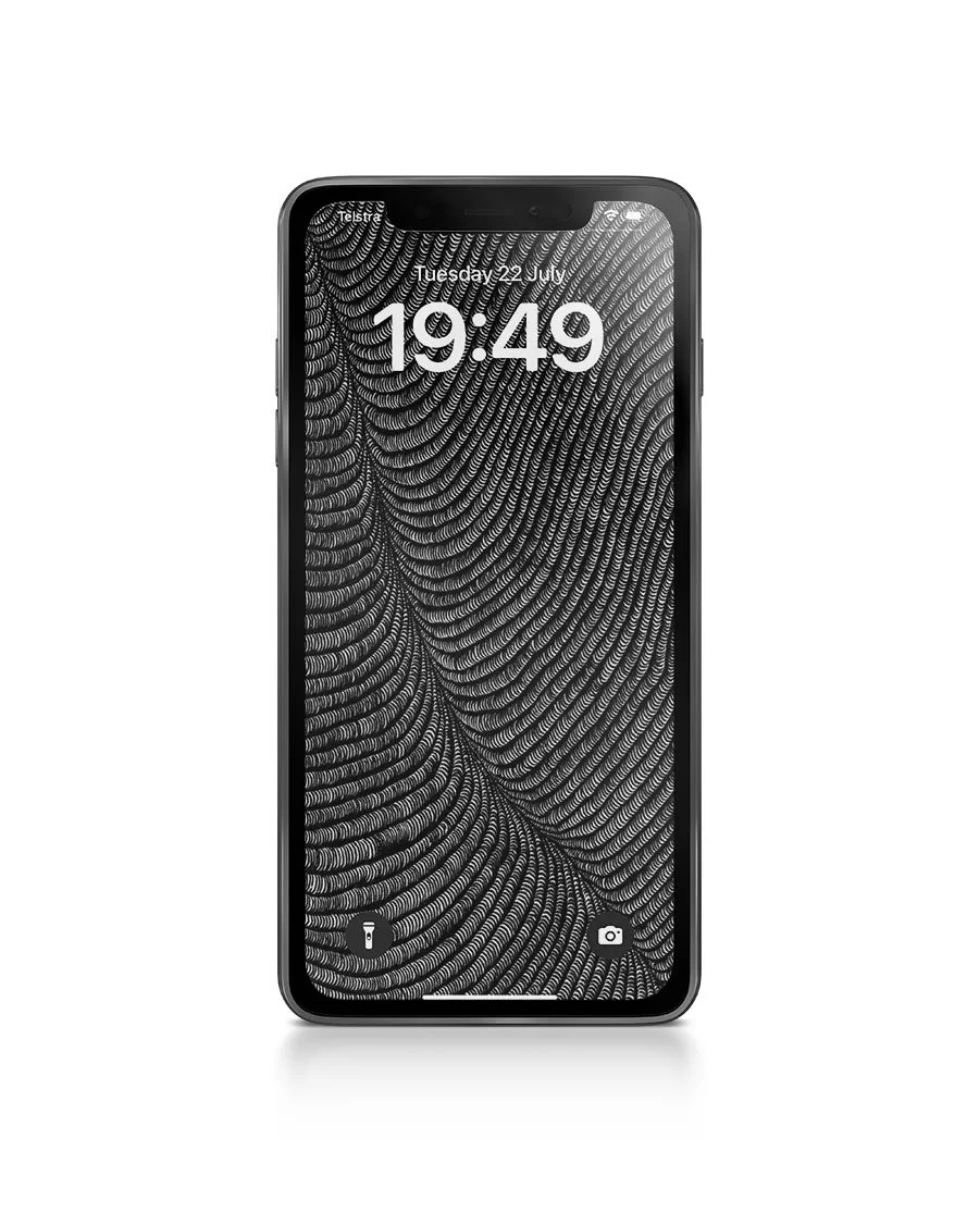 Iphone-with black-and-white line-art-wallpaper-with-lockscreen-over-white-backgorund