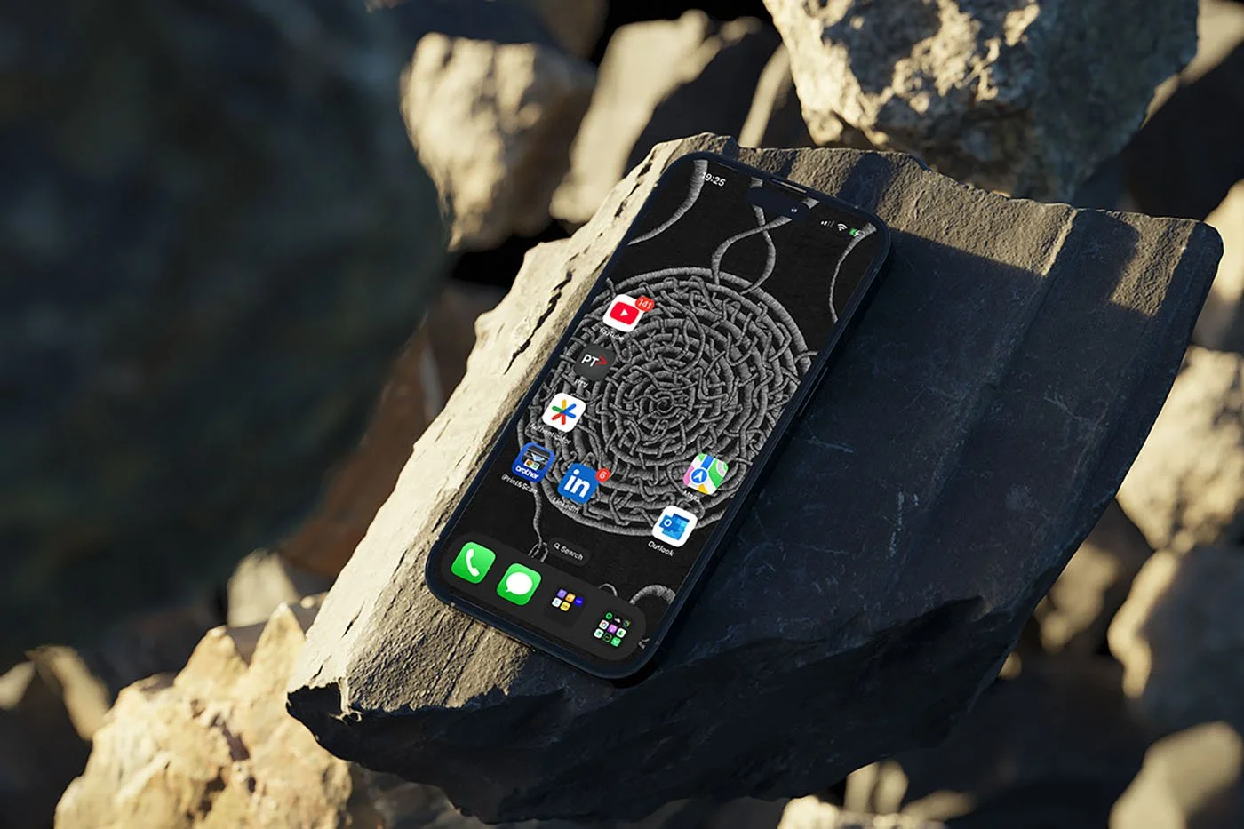 Iphone-with black-and-white line-art-wallpaper-with-homescreen-with-app-icons-laying-on-large- stone.jpg