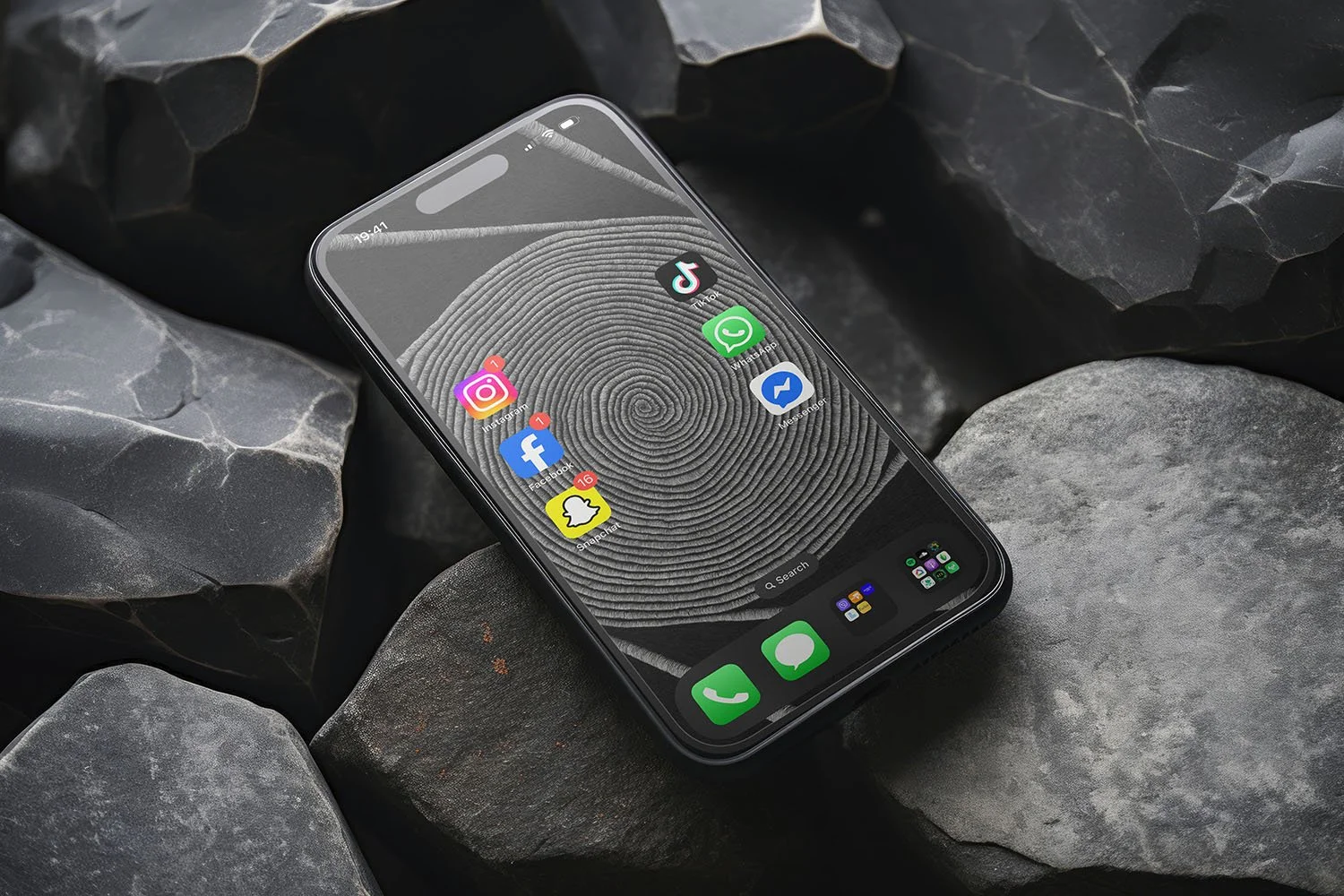 Iphone-with-black-and-white-line-art-wallpaper-and-app-icons-laying-on-large-grey-stones-background