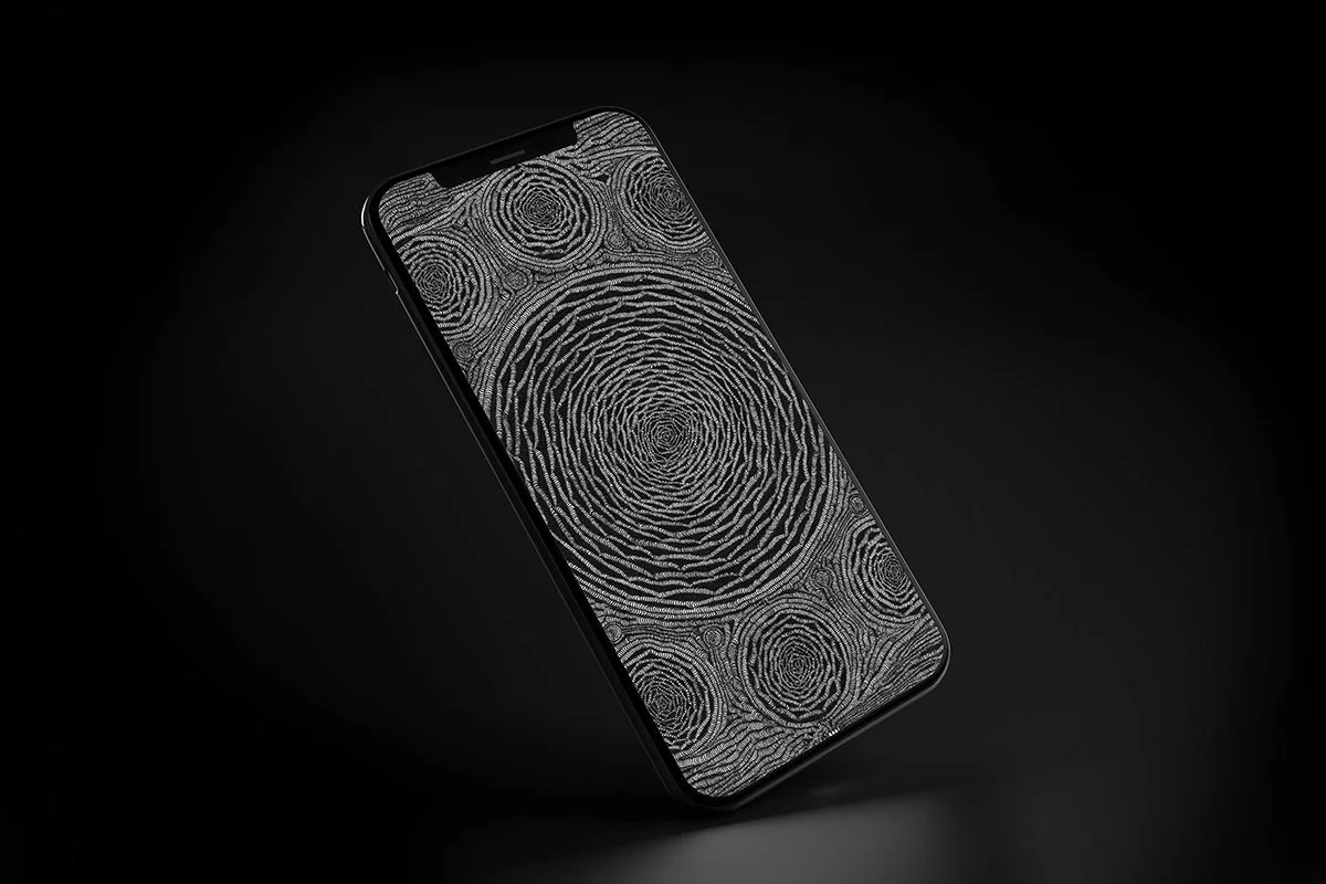 Iphone-with black-and-white line-art-wallpaper-over-black-background