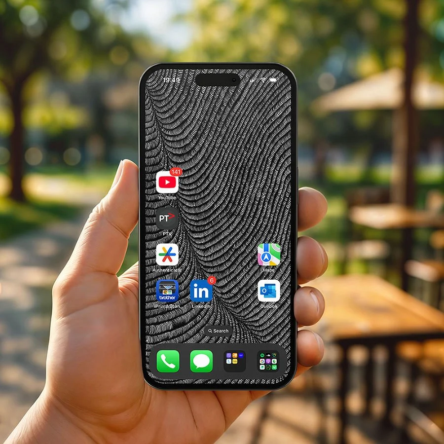 Iphone-with black-and-white line-art-wallpaper-with-homescreen-and-app-icons-over-sunny-cafe-alfresco-background