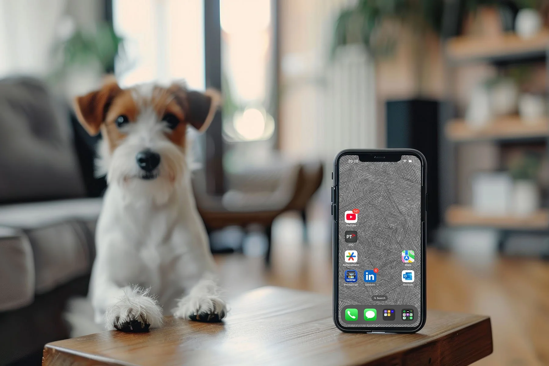 Dog-next to-Iphone-with-black-and-white-line-art-wallpaper-with-app-icons-over-blurred-living-room-background.jpg