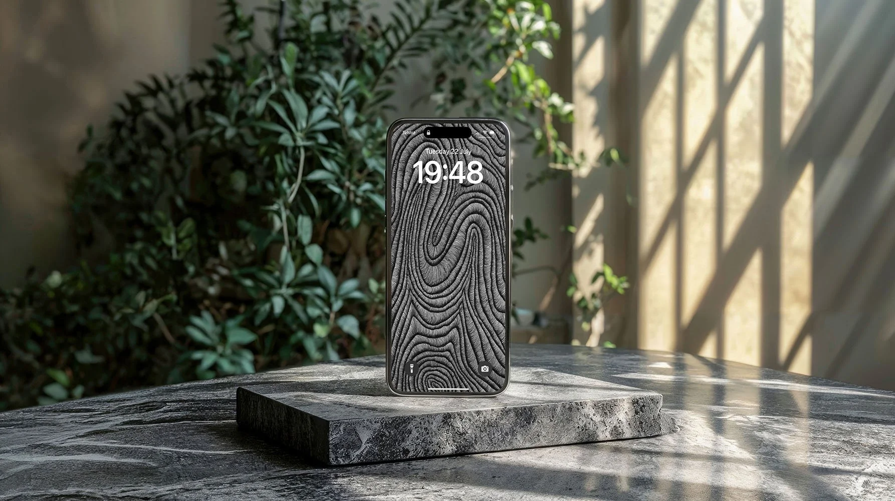 Iphone-with-black-and-whit- line-art-wallpaper-and-lockscreen-standing-on-grey-and-white stone-with-plant-in-the-background