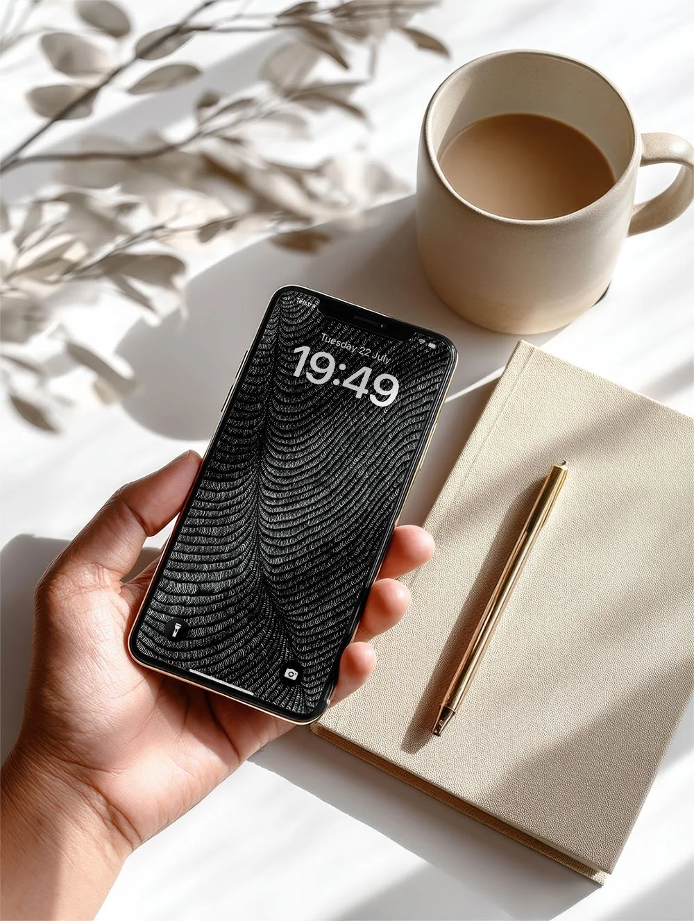 Person-holding-Iphone-with black-and-white line-art-wallpaper-with-lockscreen-over-white-background-with-coffee-mug-and-diary