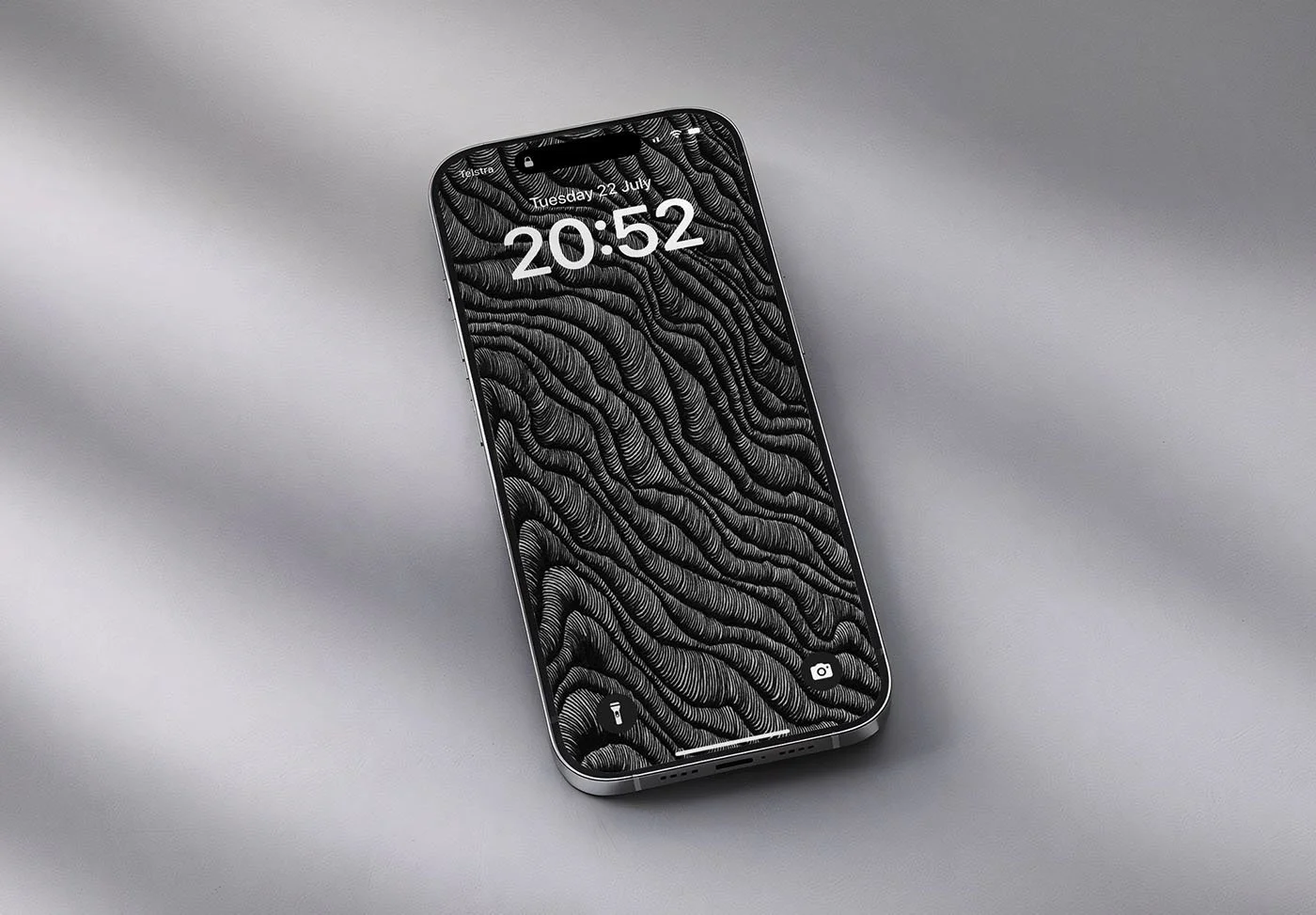 Iphone-with-black-and-white-line-art-wallpaper-and-lockscreen-over-white-background-with-shadow