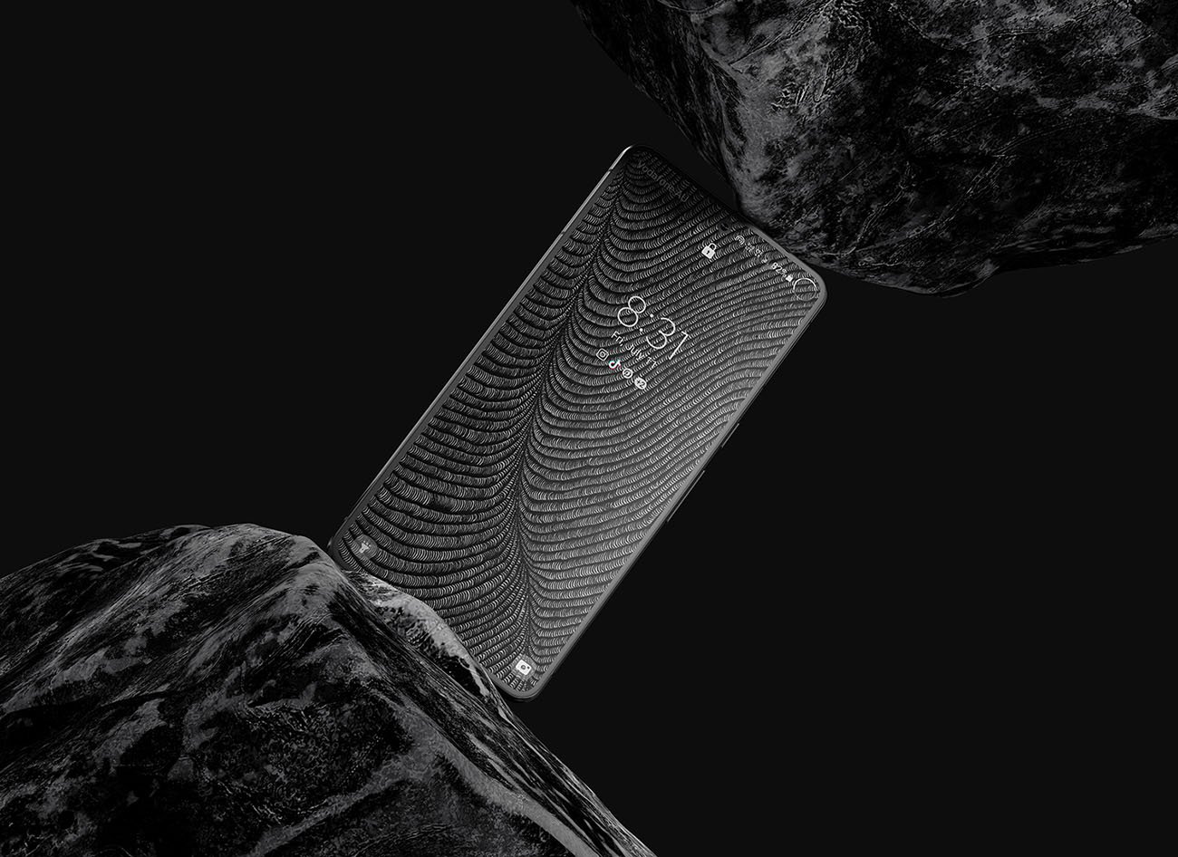 Samsung-phone-home-with black-and-white line-art-wallpaper-with-lockscreen-on-an-angle-inbetween-two-large-rocks.jpg