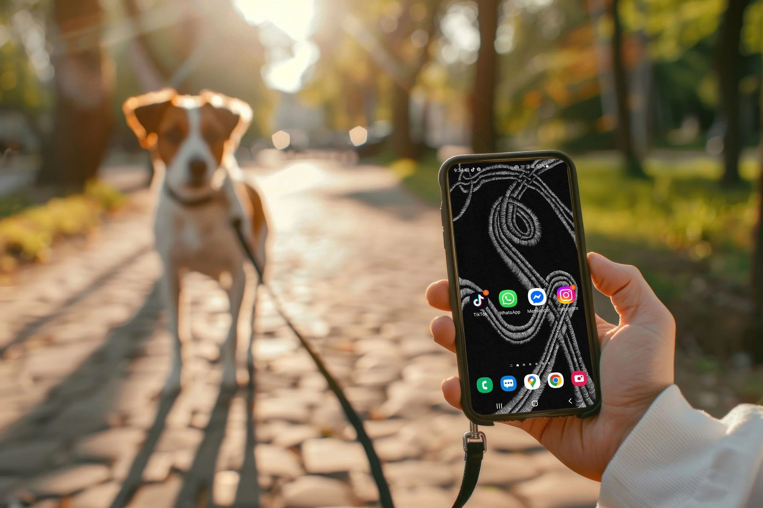 Person-standing-on-cobble-stone-footh-path-in-park-holding-dog-leash-with-dog-holding-android-phone-displaying-abstract-line-art-and-app-icons.jpg