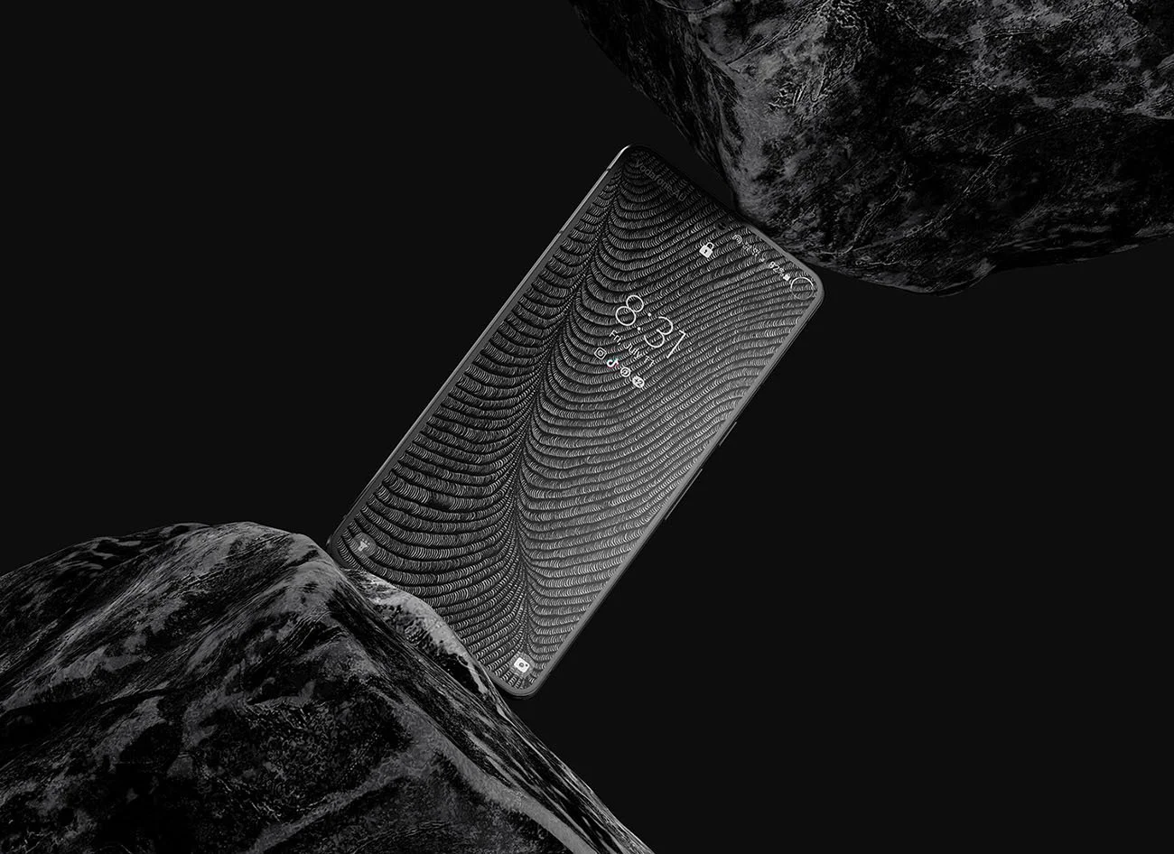 Samsung-phone-home-with black-and-white line-art-wallpaper-with-lockscreen-on-an-angle-inbetween-two-large-rocks