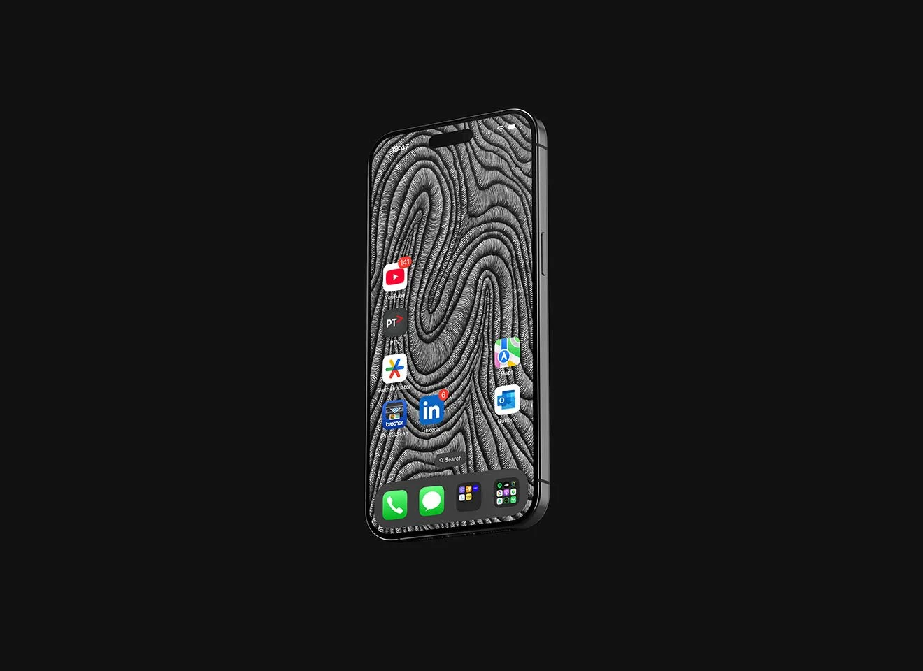 Iphone-on-an-angle-with-black-and-white-line-art-wallpaper-over-black-background