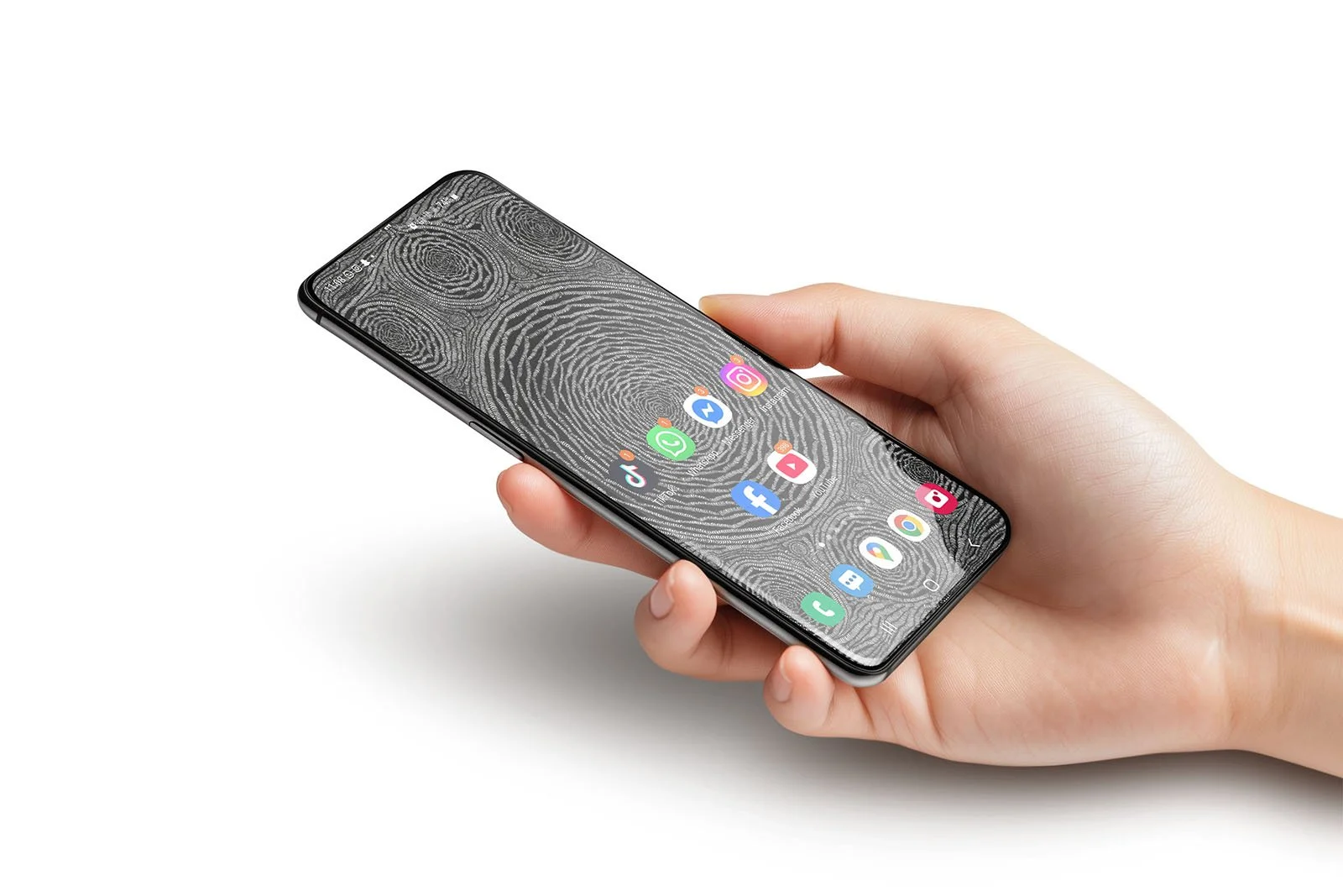 Person-holding-android-phone-with-black-and-white line-art-wallpaper-with-homescreen-and-app-icons-over-white-background