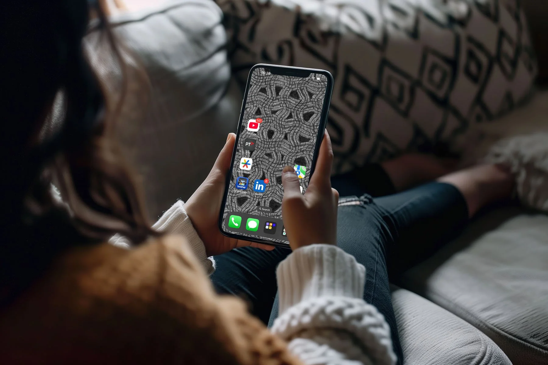 Women-with-white-woolen-sweater-sitting-on-sofa-holding-iphone-with-black-and-white-line-art-wallpaper-with-app-icons.jpg