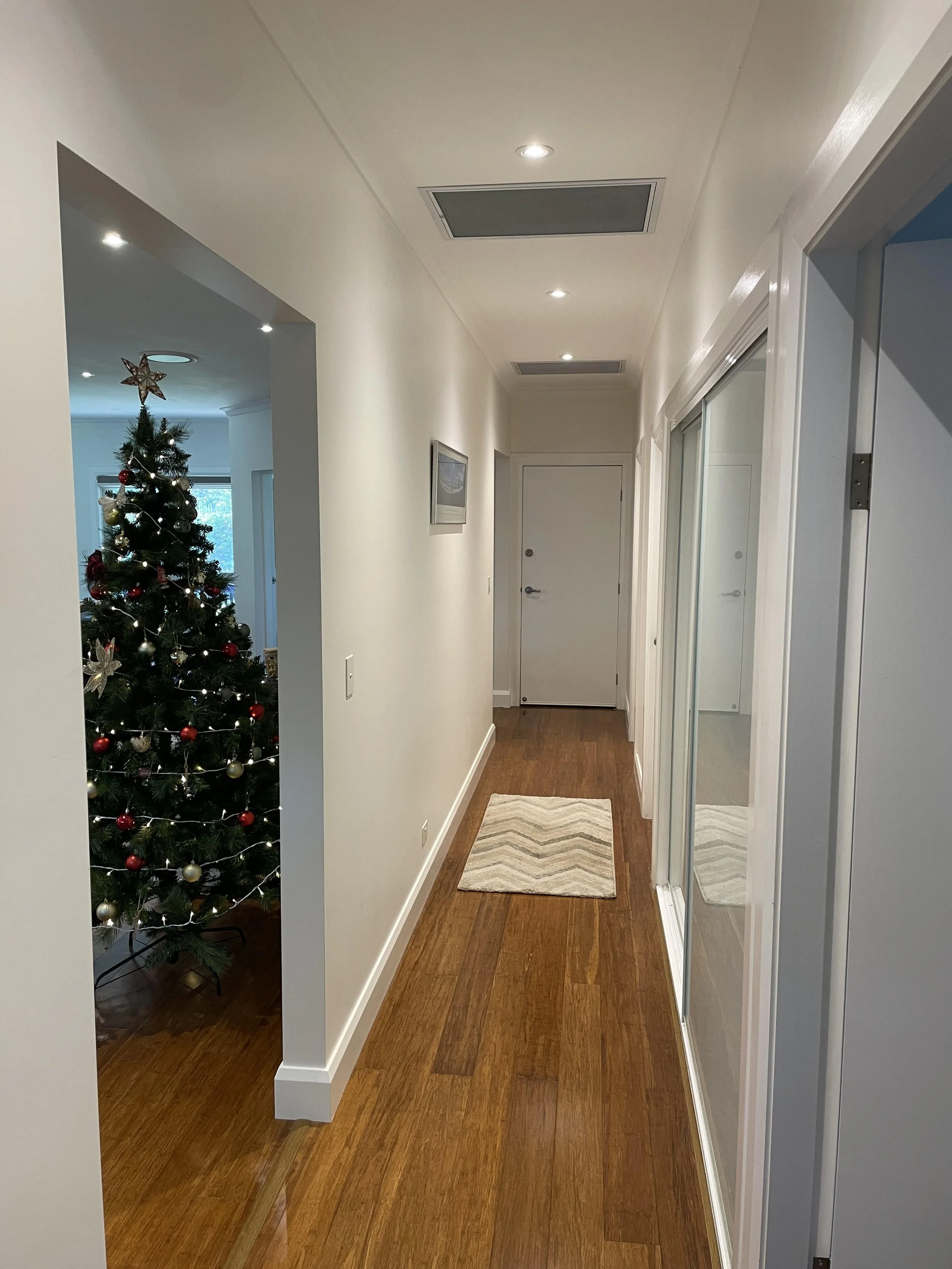 Hallway with white walls, wooden floors, ceiling lights, a rug, and a door at the end. To the left, a living room with a decorated Christmas tree is visible.