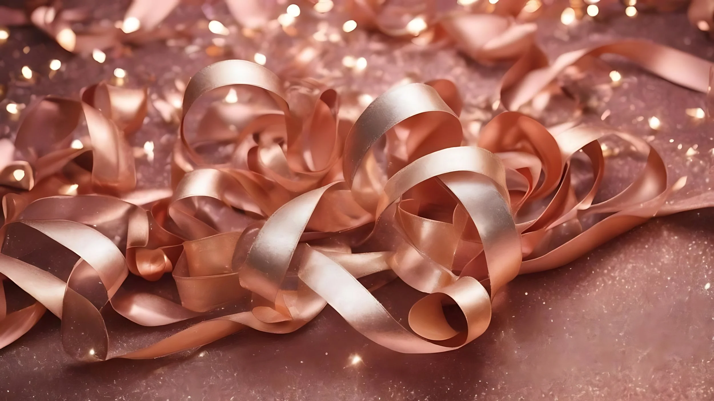 Pink and silver curling ribbons scattered on a glittery pink surface.
