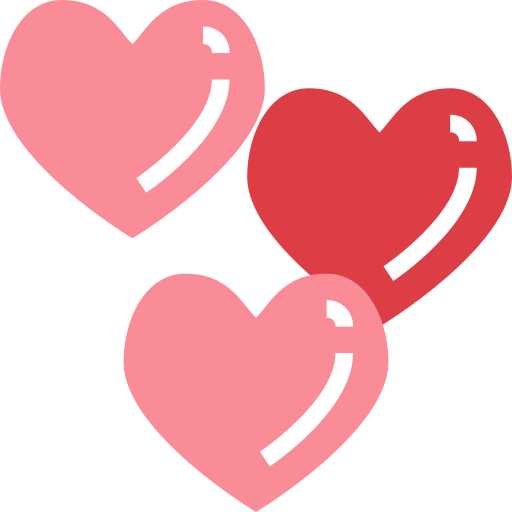 Three cartoon hearts in pink and red colors with shiny white reflections.