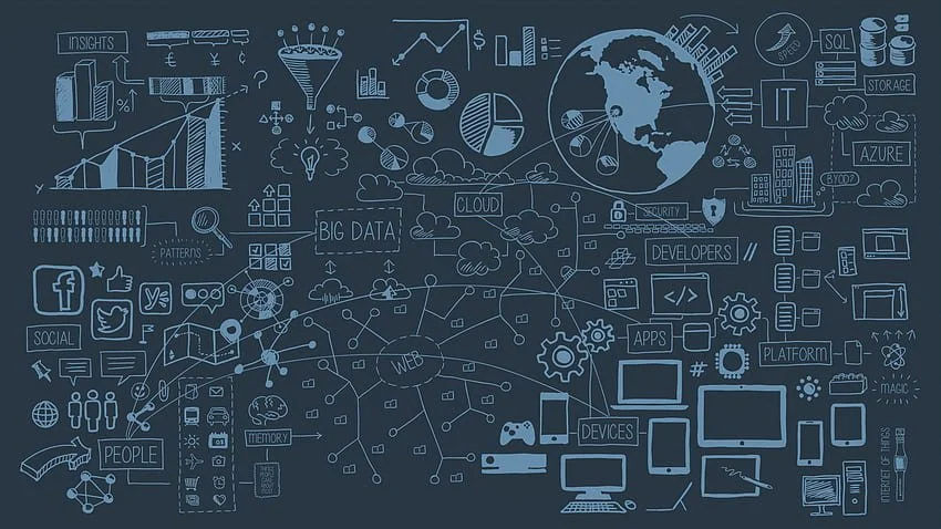 Digital illustration of technology and data concepts, including charts, cloud computing, social media icons, gears, devices, and a globe representing global connectivity and data analytics.
