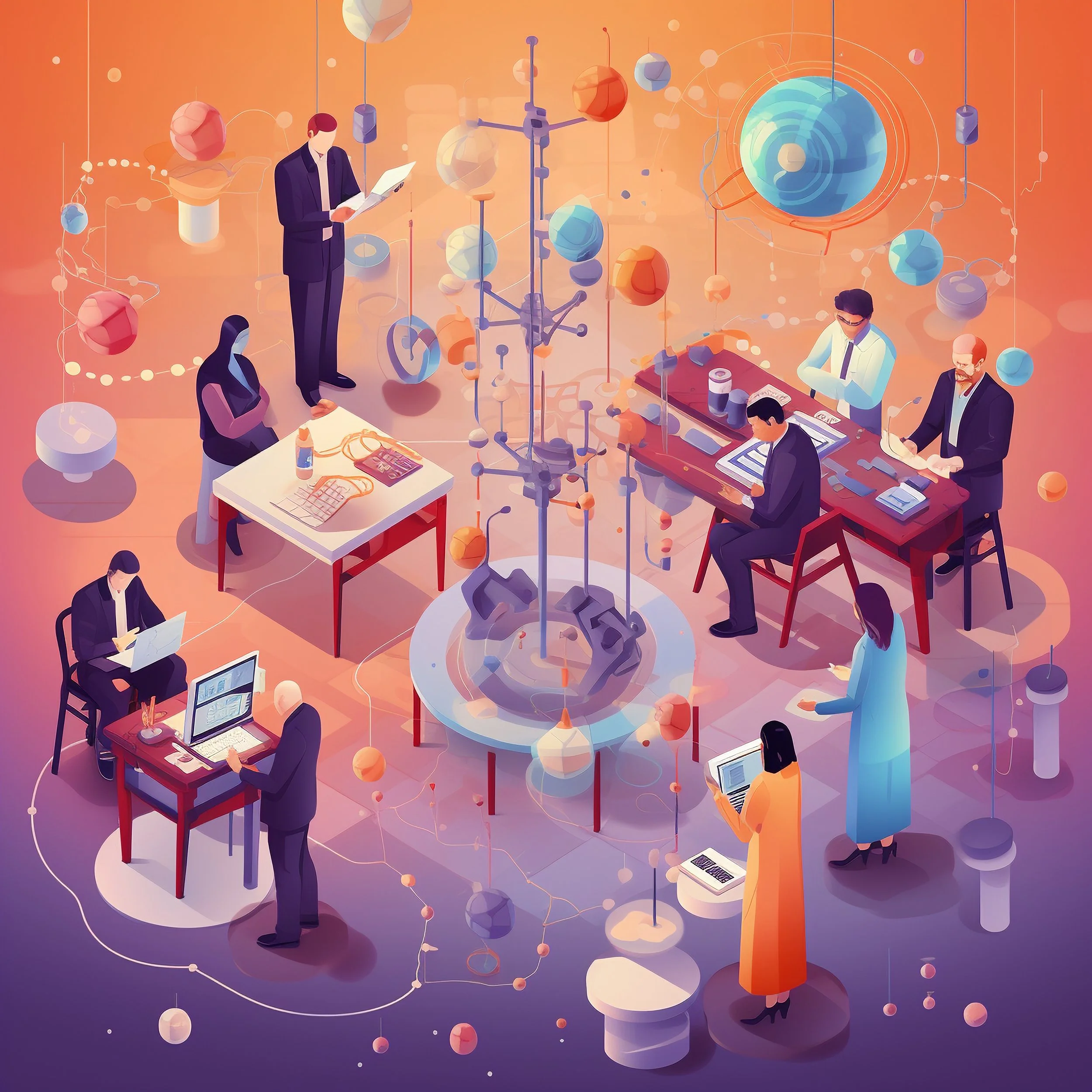 A digital illustration of scientists and researchers working with scientific equipment related to astronomy and space, with planets, models, and diagrams floating in a futuristic setting.