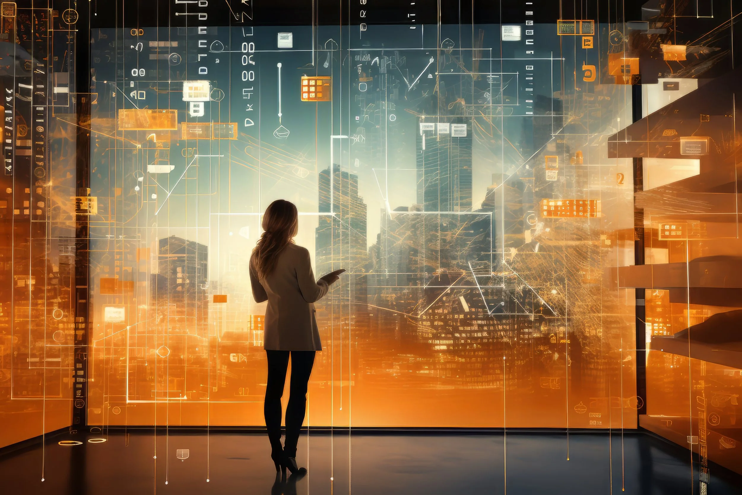A woman standing in front of a large digital cityscape display with holographic images and data visualizations.