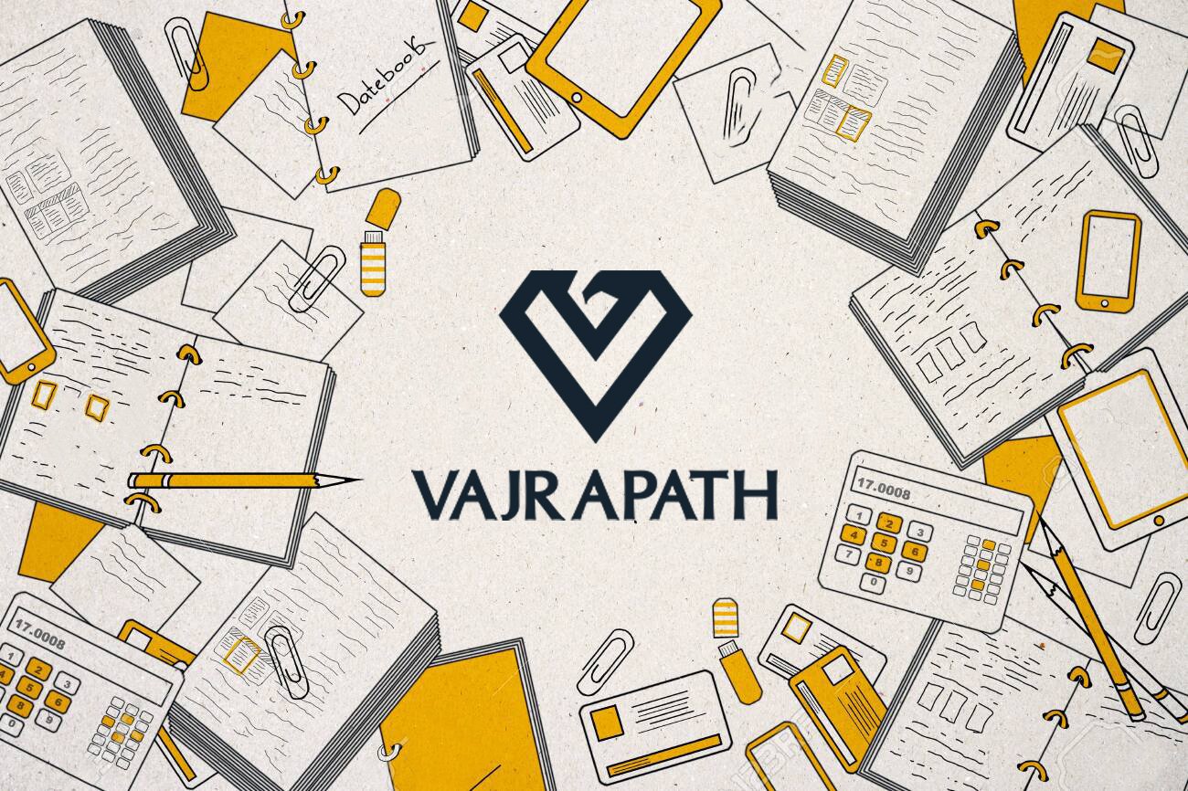 Illustration featuring notebooks, papers, sticky notes, pens, pencils, erasers, calculators, tablets, and paper clips surrounding the Vajra Path logo at the center.
