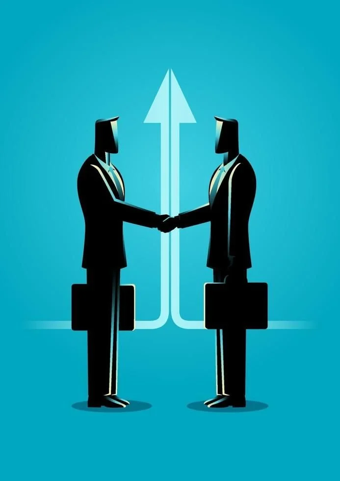 Two businesspeople shaking hands with a large upward arrow in the background, all in a stylized, digital illustration.