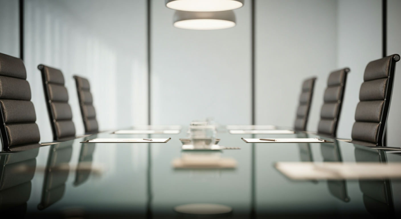 Empty modern conference room with a long glass table, high-back black chairs, and overhead pendant lighting.