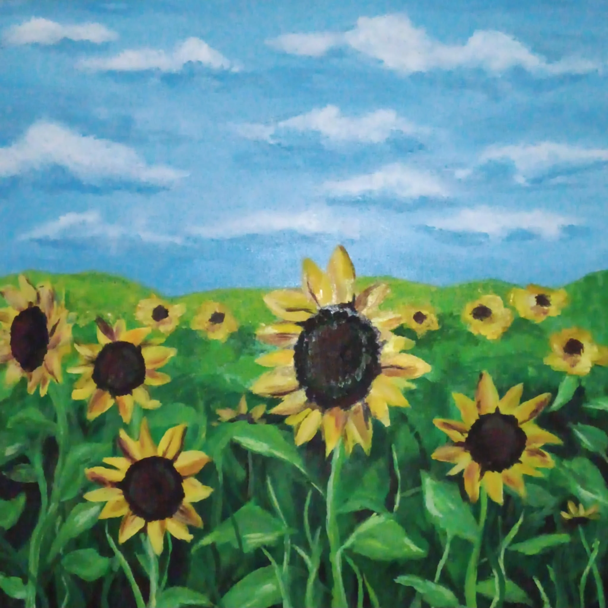 Painting of a sunflower field with blue sky and white clouds in the background.