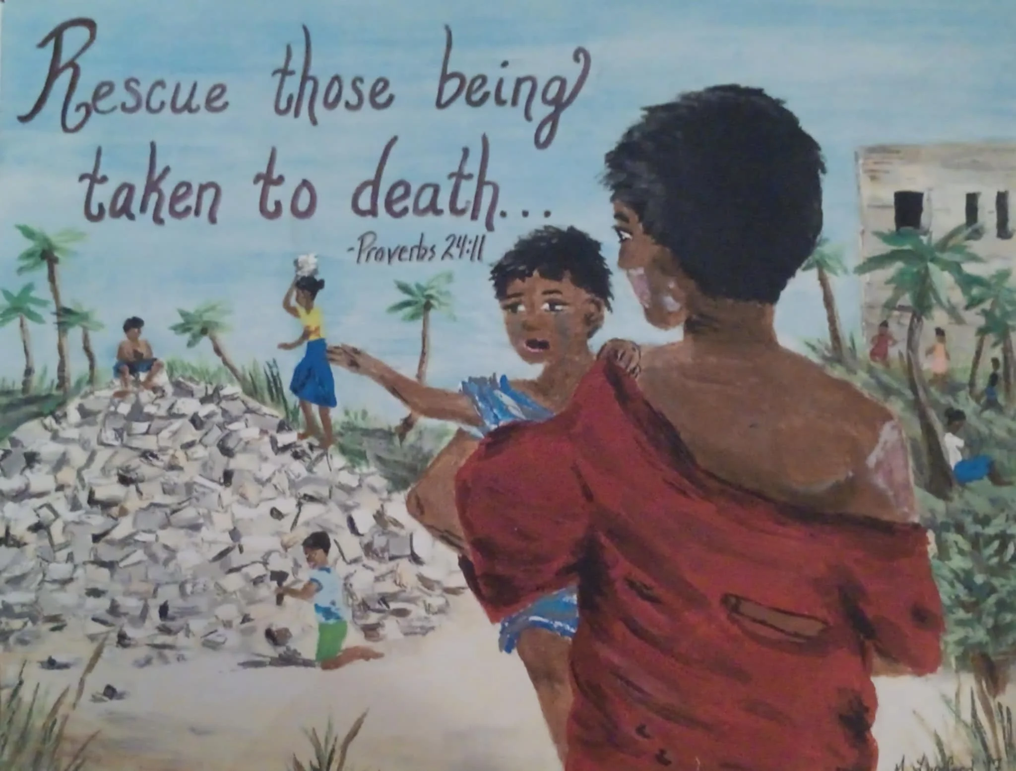 Proverbs 24:11- "Rescue those being taken to death." This is a painting based on child slavery and forced labor camps around the world. it is a call to pray for breakthrough and do something to stop these injustices that break our Father God's heart.