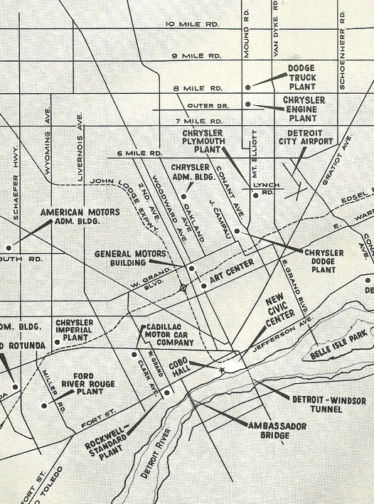 Map of Detroit in 1960 marking auto plants and offices, including the Ford River Rouge, Dodge and Chrysler plants and the General Motors Building