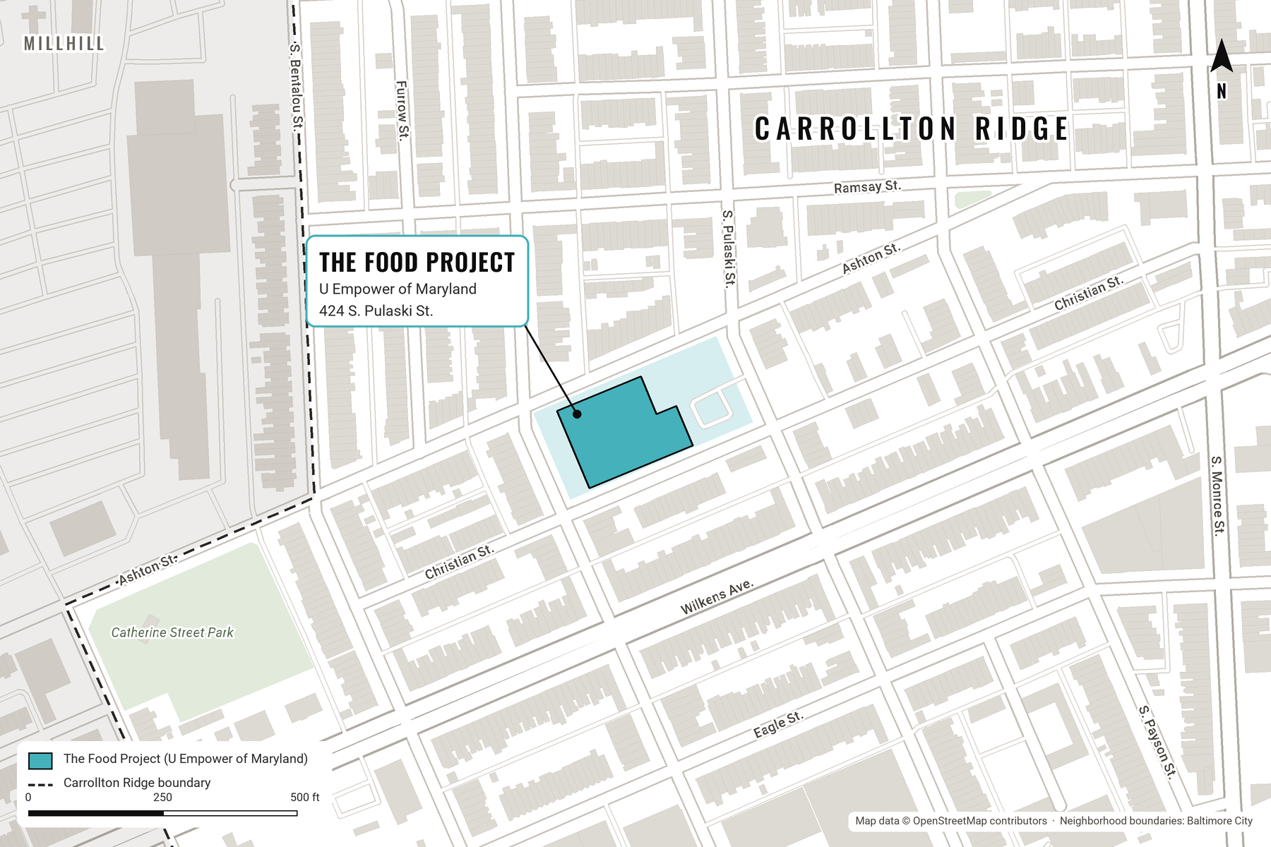 Map of Carrollton Ridge in Southwest Baltimore, centered on The Food Project of U Empower of Maryland at 424 S. Pulaski St., shown in blue, with about two blocks in every direction. A dashed line marks the neighborhood boundary.