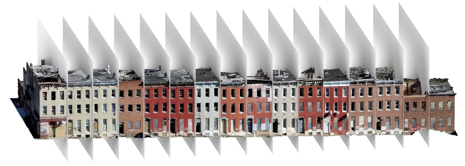 Photogrammetry model of a long row of vacant three-story rowhouses in brick, formstone and red paint, many with boarded windows and failing roofs, divided house by house by pale section planes.