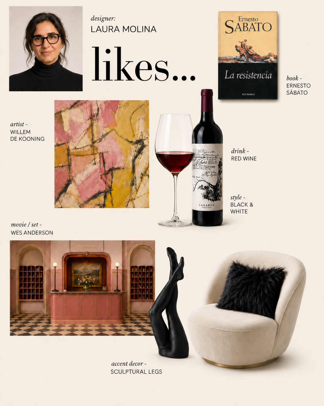 A collage of Favorites By Designer Laura Molina  including ,  artwork, a book by Ernesto Sabato, a bottle of red wine with a glass, a painting, a hotel reception area, a sculpture of legs, and a white chair with a black furry pillow.