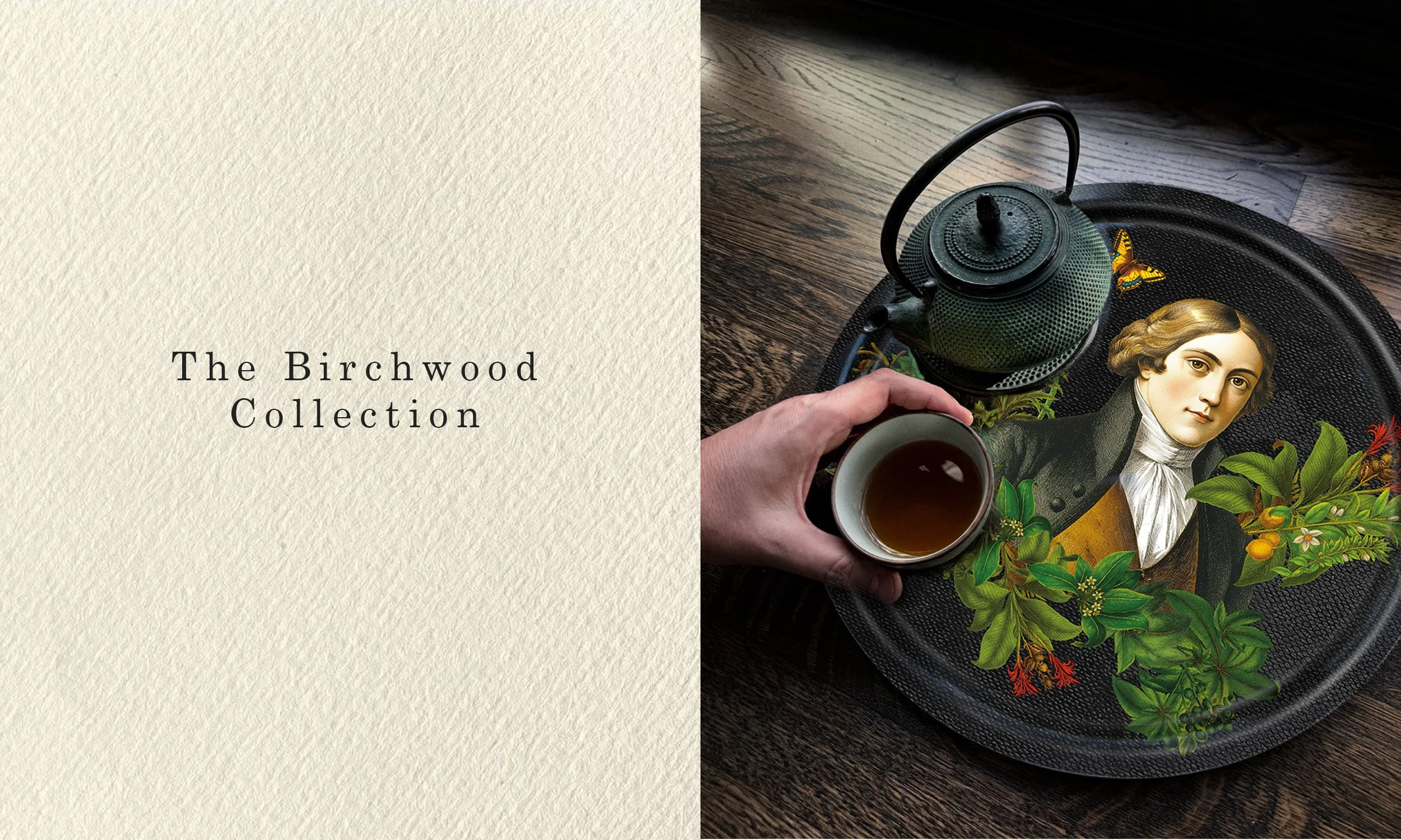Cover of The Birchwood Collection with a textured beige background and black text on the left, and a photo of a hand holding a cup of tea over a tray with a vintage portrait, a teapot, greenery, and a butterfly on the right.