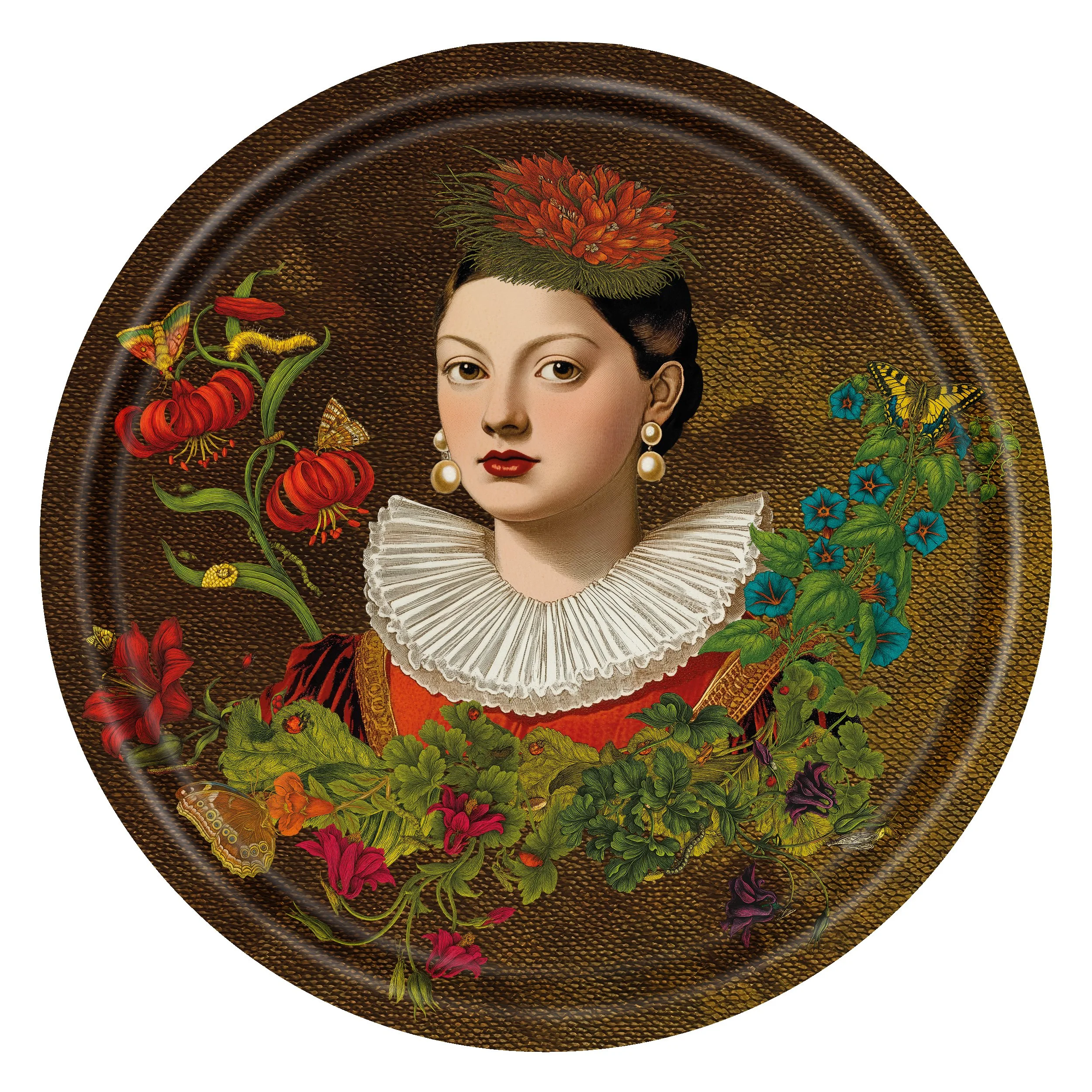 Bontaria Birch Tray: Unique Renaissance-style portrait of a woman in a ruff collar, surrounded by vivid florals from the exclusive Flower Notes Collection. Sustainable veneer.