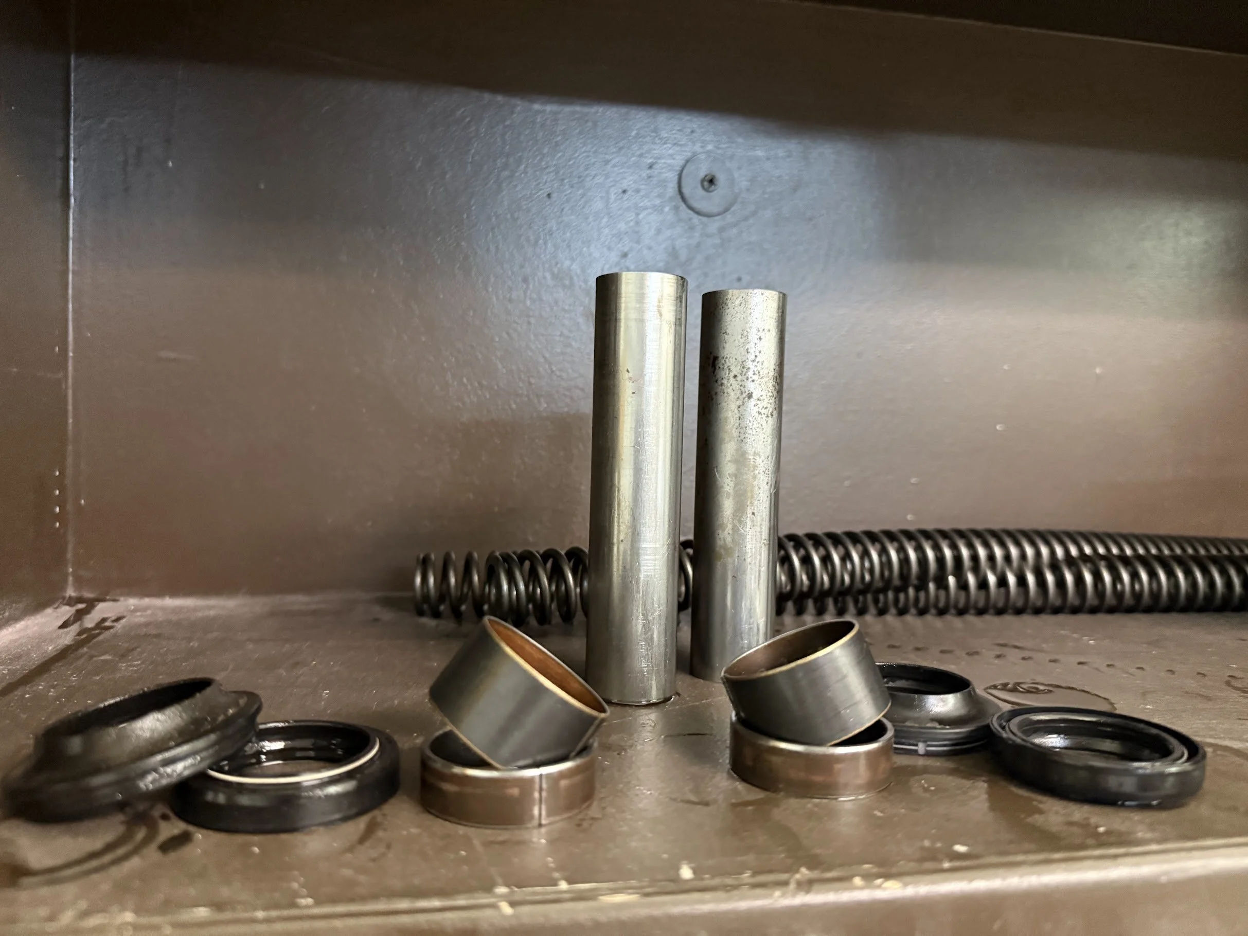 All the old stuff removed, including the spacers making way for smaller spacers with taller, stiffer springs. 