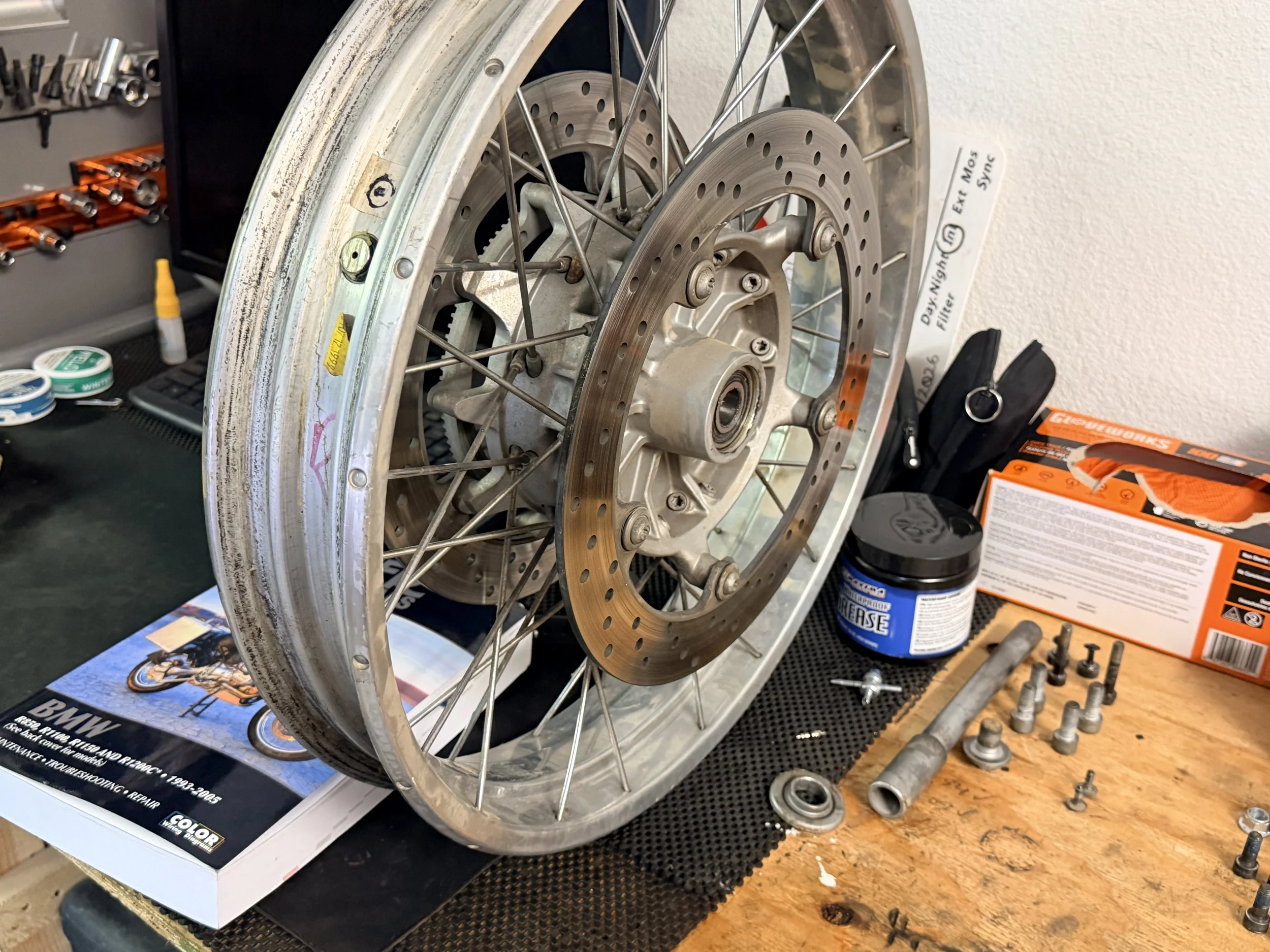 The front wheel was in good shape. The rotors were within limits (surprisingly), but needed work generally. 