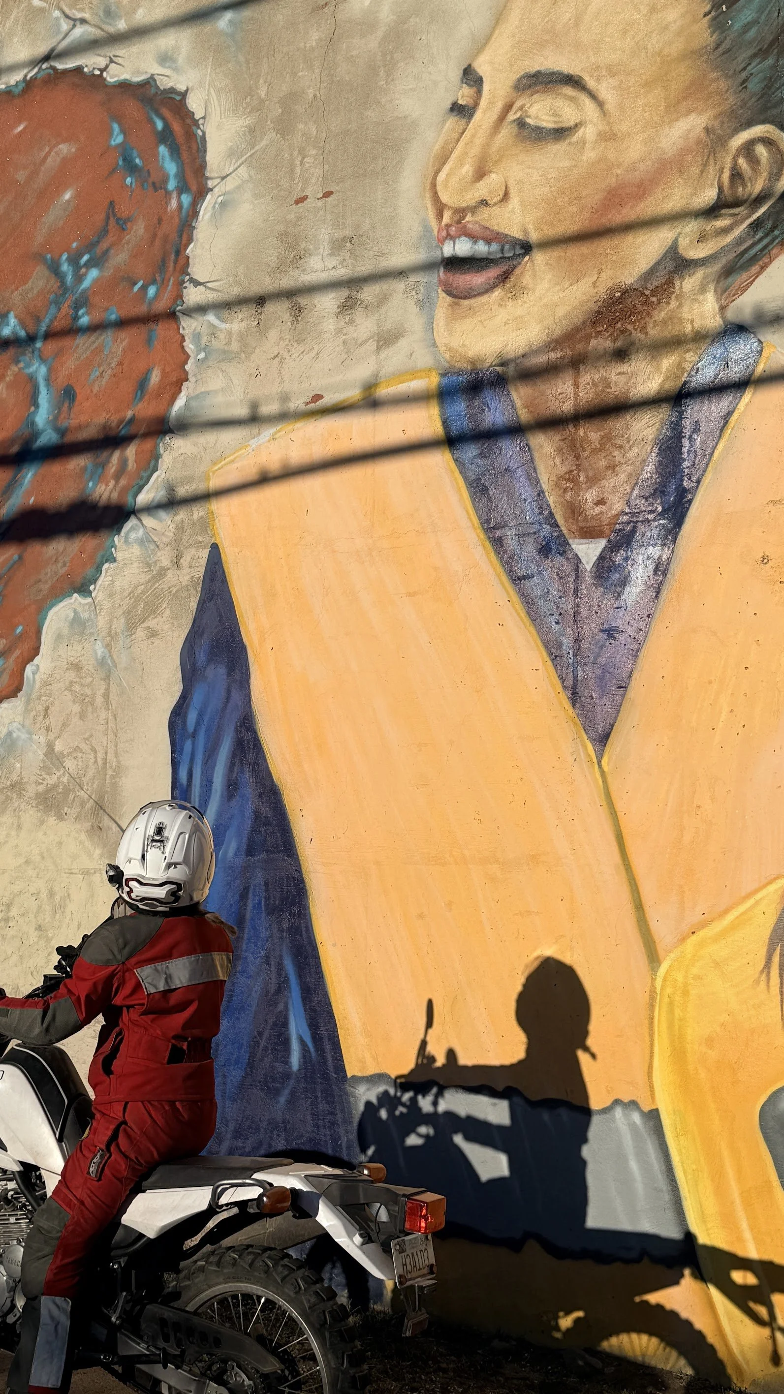 A wonderful photo as if the mural was interacting with her. 