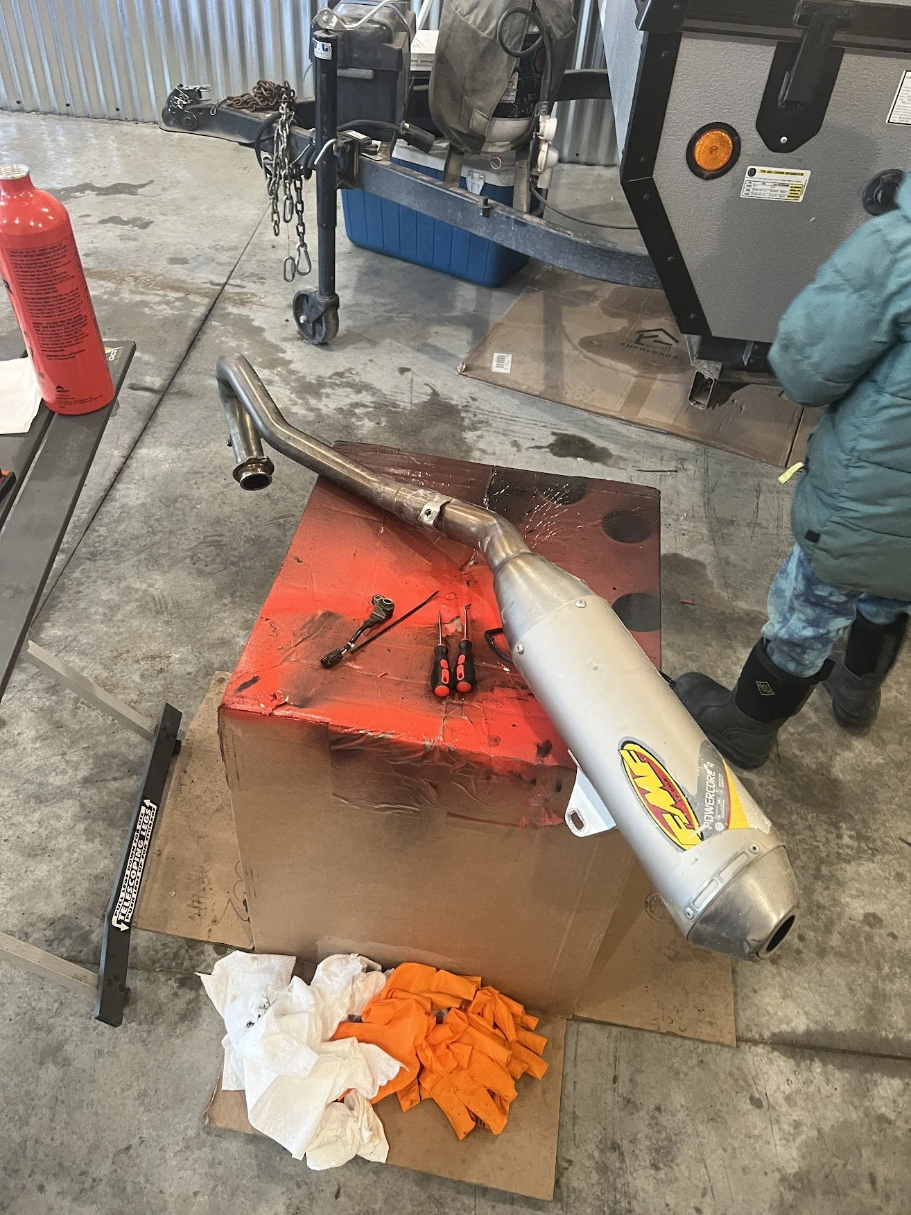 Muffler came off, new copper crush gaskets, and a bit of clean up. 