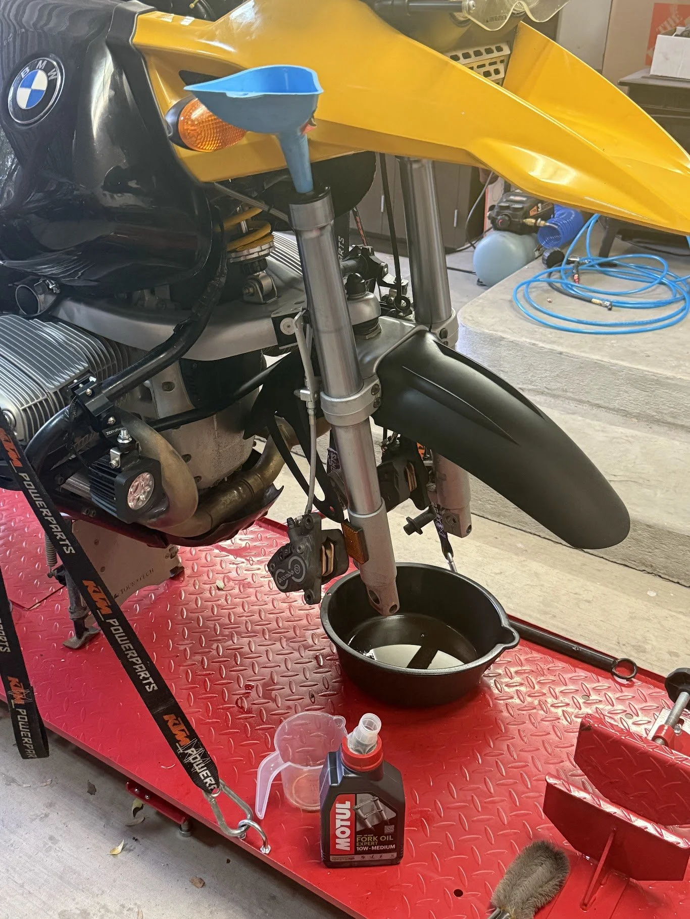 Fork oil went in, and I learned a lot about what these fork legs do on the GS. 