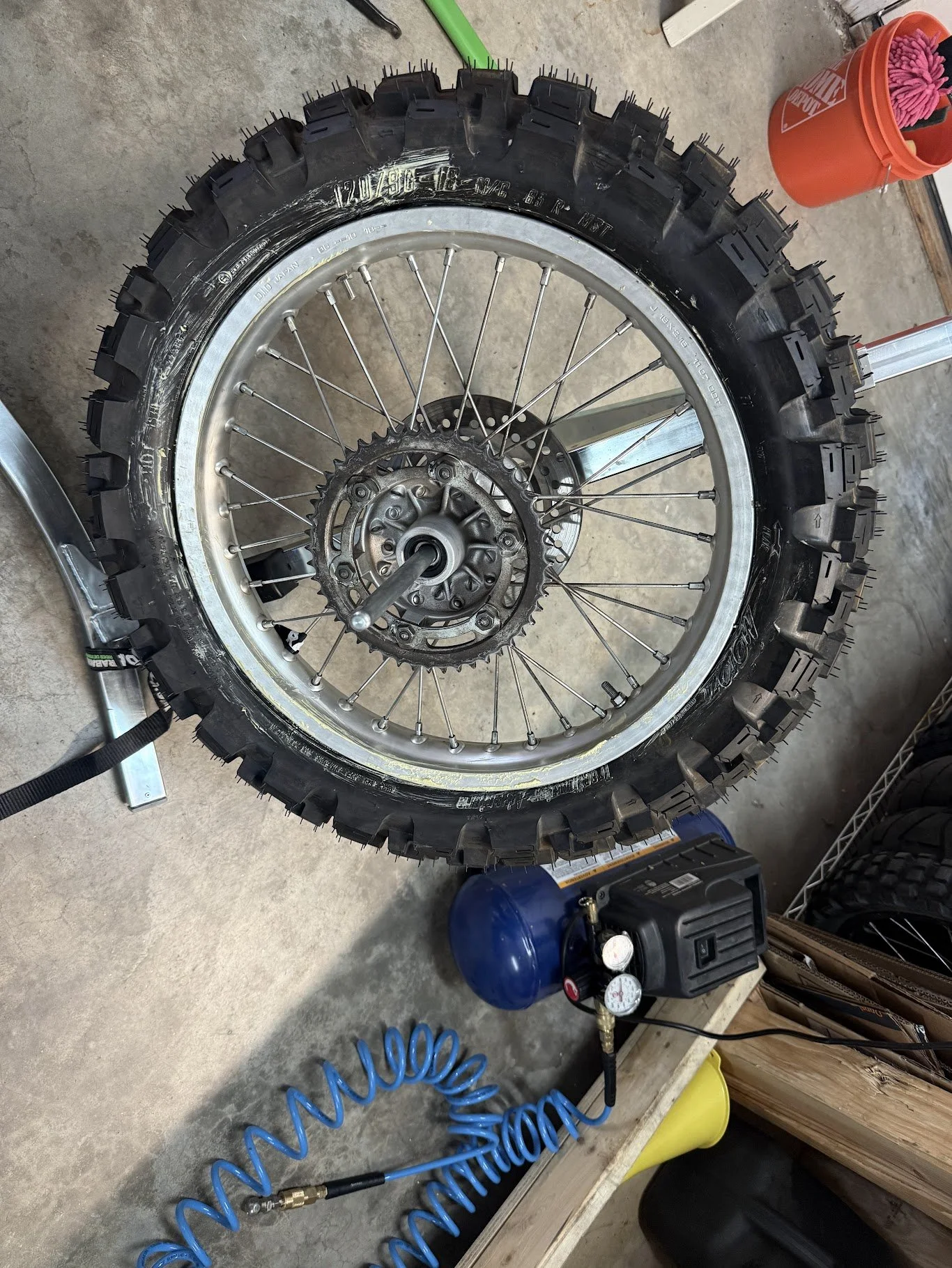 Josh helped me cut cost and put on some new rubber! We had to fight the rear tire on (notoriously bad in the forums), but we managed to get it on. Front went on without a fuss. We were careful to align the lightest mark on tire with heaviest part of 