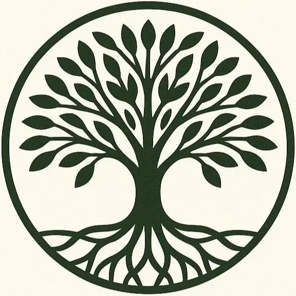 A black and white circular logo featuring a stylized tree with extensive branches and roots.