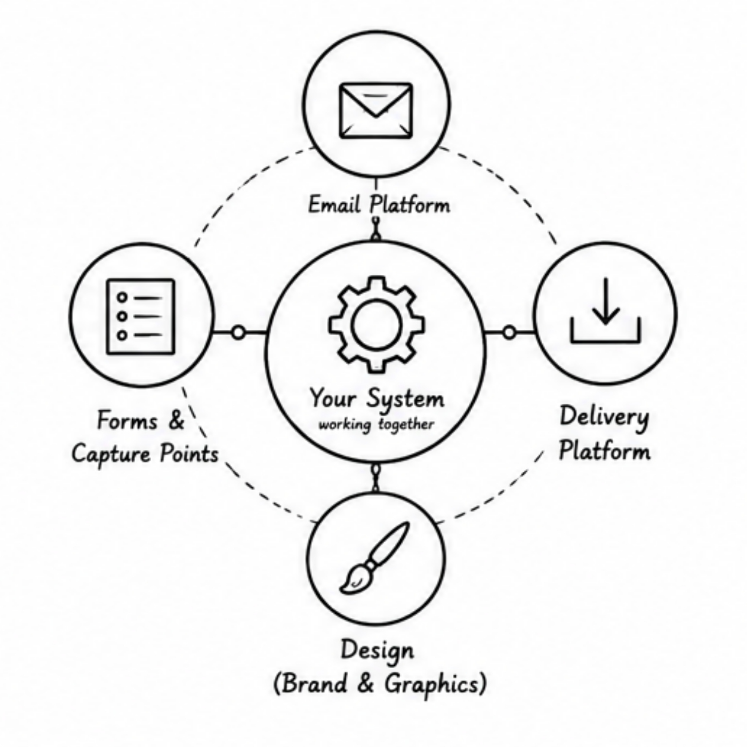 Line drawing of an author toolkit with email, design and automation tools representing MailerLite, Canva, BookFunnel and simple newsletter systems for indie authors..