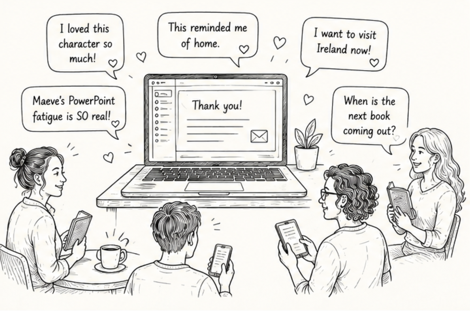 Image of readers making comments facing a laptop with a thank you note