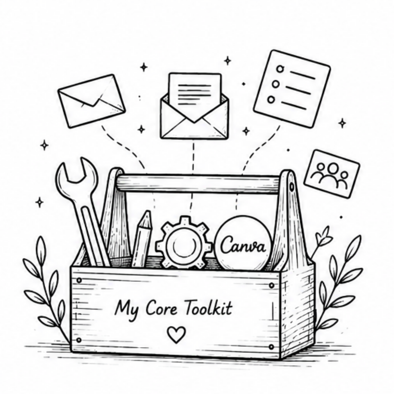 Line drawing of an author toolkit with email, design and automation tools representing MailerLite, Canva, BookFunnel and simple newsletter systems for indie authors.