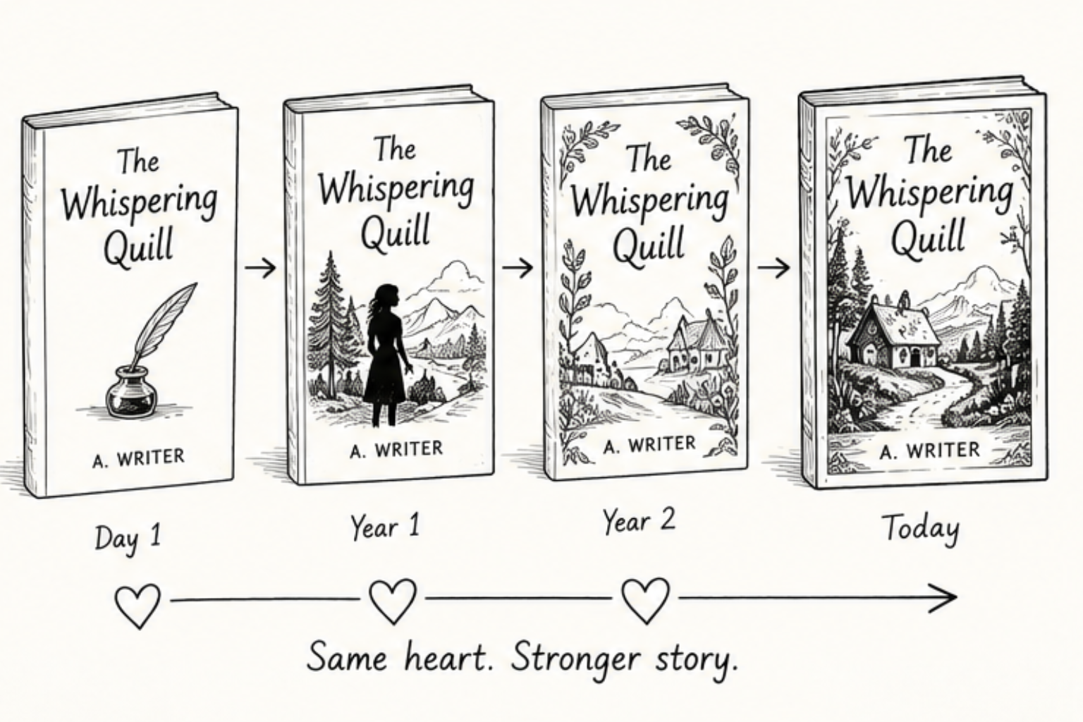image of 4 different book covers, getting more sophisticated from left to right.