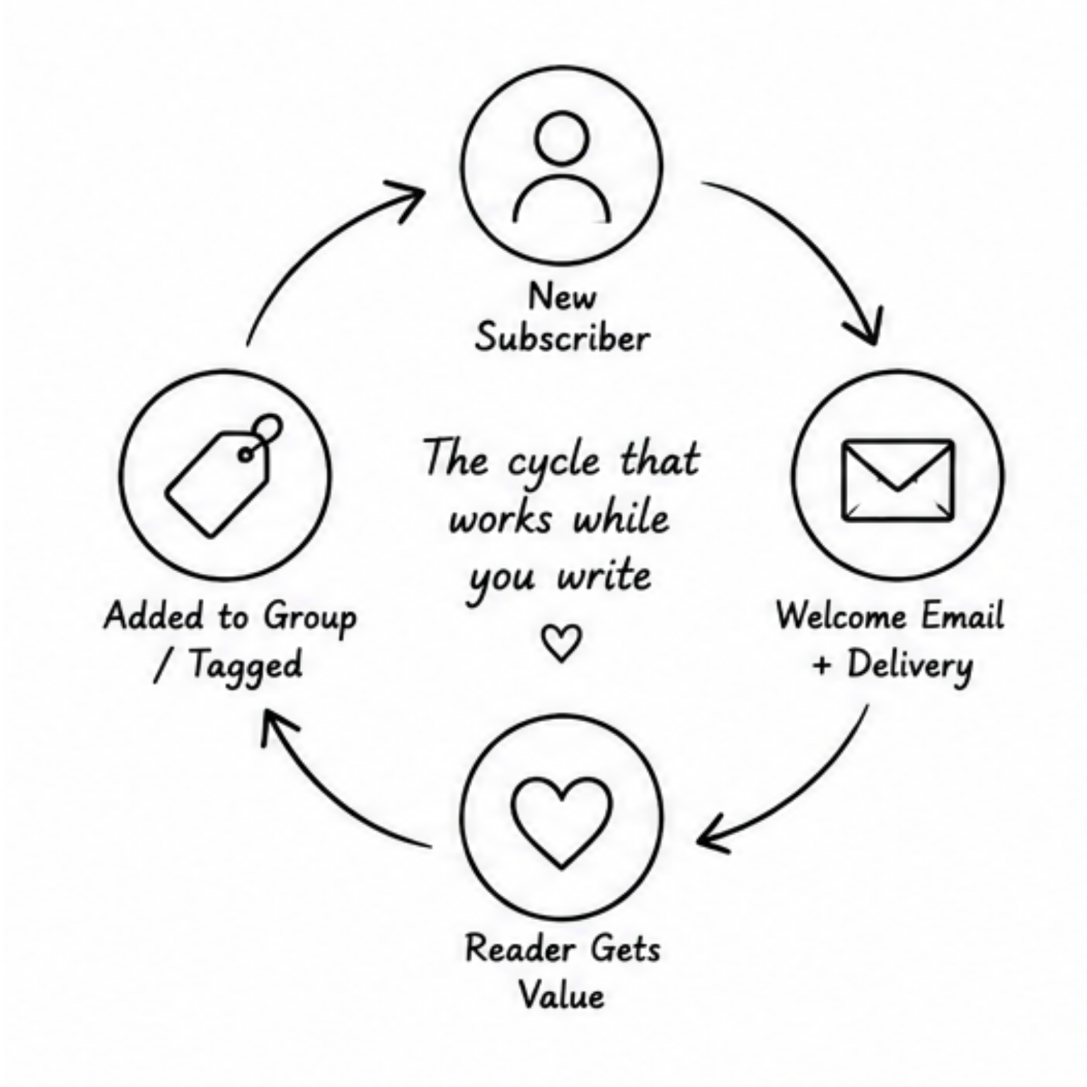 Circular workflow showing a new subscriber receiving a welcome email, reader value and group tagging through simple author automations.
