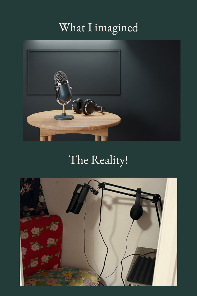 top image of clean table with microphone and headphones. Bottom image has a colorful chair in a closet with cables and a microphone and clothes.